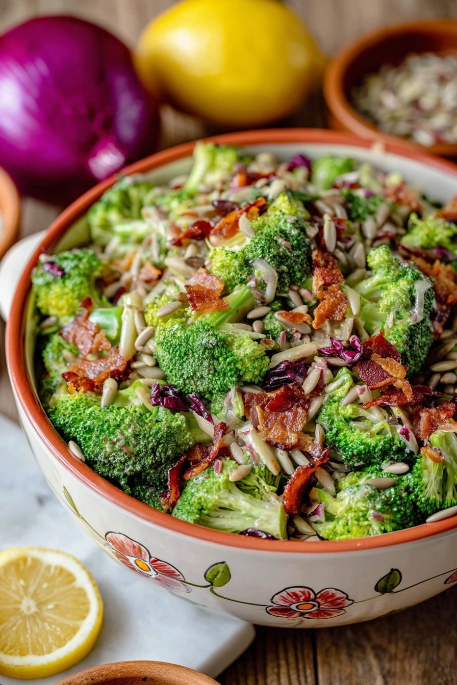A close-up of a white bowl filled with a colorful broccoli salad, showing three main layers: bright green broccoli florets, crispy small brown-red bacon pieces scattered on top, and light beige sunflower seeds sprinkled throughout. The salad also has thin light tan strips and small bits of dark red cranberries mixed in, all sitting closely together. The bowl has a decorative flower pattern near the top edge. The background is a wooden surface with a white marbled texture, with half a lemon, small bowls of seeds and bacon bits, and a sliced red onion nearby. Photo taken with an iphone --ar 2:3 --v 7 - Broccoli Salad with Bacon, Cranberries, and Cheddar, broccoli salad with bacon, cranberry broccoli salad, cheesy broccoli salad, healthy broccoli salad, easy broccoli salad