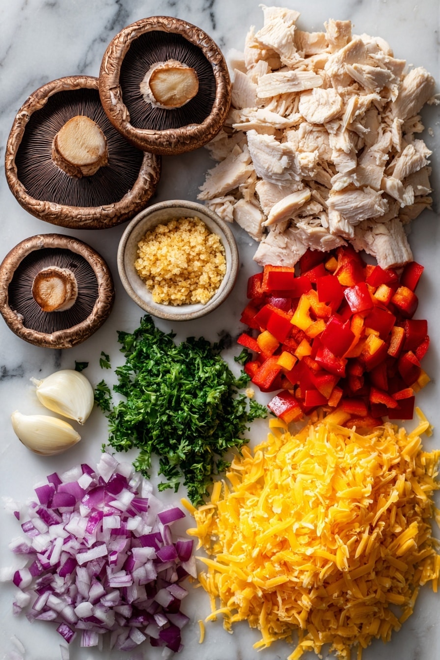 Flat lay of four large portobello mushrooms with dark brown caps, two cooked and shredded chicken breasts with a light golden color, bright red diced bell pepper pieces, small chunks of purple red onion, chopped fresh green parsley, two cloves of peeled garlic, a small pile of golden breadcrumbs, and a heap of shredded yellow cheddar cheese, all beautifully arranged in clusters with vibrant colors and textures, placed on a white marble surface, photo taken with an iphone --ar 2:3 --v 7 - Stuffed Portobello Mushrooms with Chicken, Cheddar, and Veggies, stuffed portobello mushrooms, chicken stuffed mushrooms, cheesy mushroom boats, healthy stuffed mushrooms, easy mushroom dinner