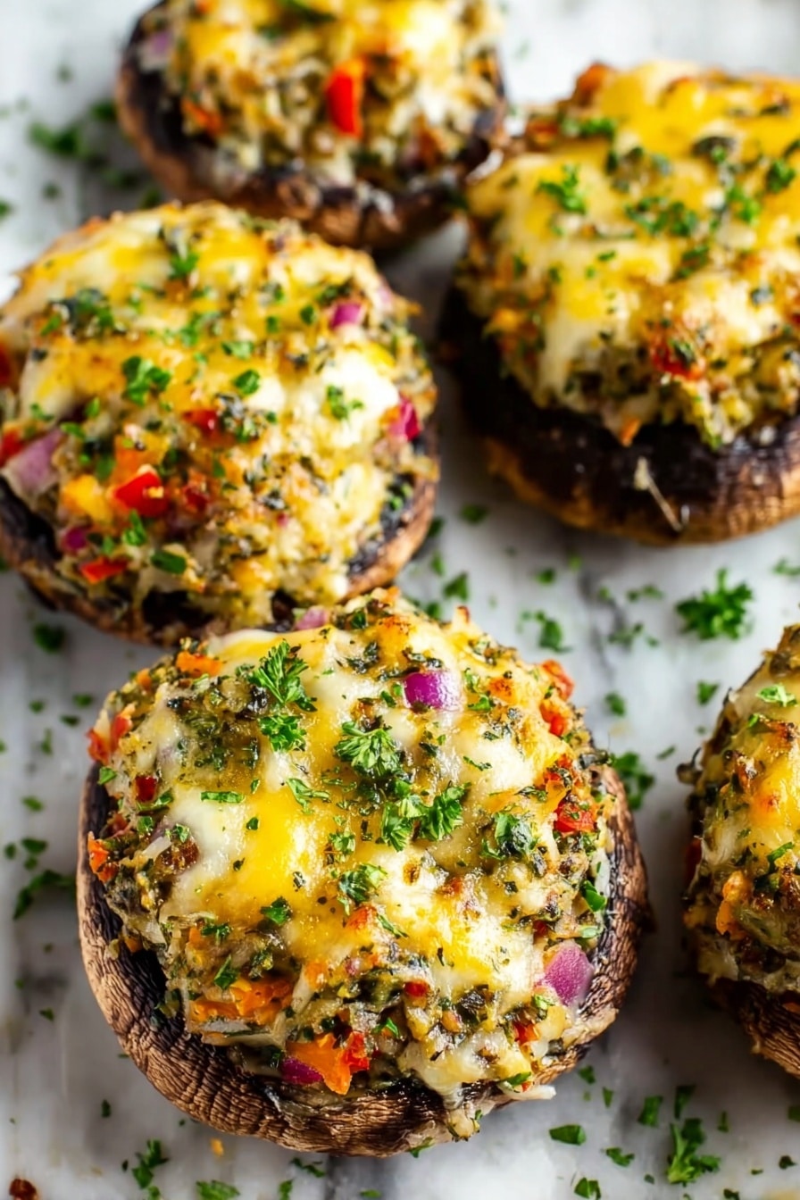 Four stuffed large mushrooms sit on a white marbled surface. Each mushroom has three visible layers: the bottom is the dark brown mushroom cap, the middle layer is a mix of finely chopped red onion, orange bell pepper, herbs, and some grains or rice, and the top layer is melted yellow cheese sprinkled with chopped green parsley. The cheese appears bubbly and slightly browned. The mushrooms are close together, filling most of the frame, with some scattered chopped herbs on the white marbled surface around them. Photo taken with an iphone --ar 2:3 --v 7 - Stuffed Portobello Mushrooms with Chicken, Cheddar, and Veggies, stuffed portobello mushrooms, chicken stuffed mushrooms, cheesy mushroom boats, healthy stuffed mushrooms, easy mushroom dinner