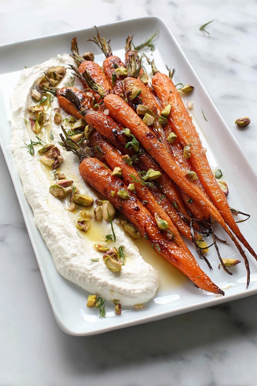This dish shows a white rectangular plate on a white marbled surface. On the plate, there is a layer of creamy white spread that looks smooth and thick, placed towards the left side. On top of this spread, there is a neat pile of roasted whole carrots, arranged in a row, showing different shades of orange and light brown with a slightly shiny, cooked texture. Scattered over the carrots and spread are small greenish-brown pieces of nuts and tiny green herb leaves. Light droplets of oil add a slight shine to the dish. Photo taken with an iphone --ar 2:3 --v 7 - Roasted Carrots with Whipped Ricotta and Hot Honey, roasted carrot side dish, caramelized carrots with ricotta, hot honey drizzle recipe, easy roasted vegetable recipes