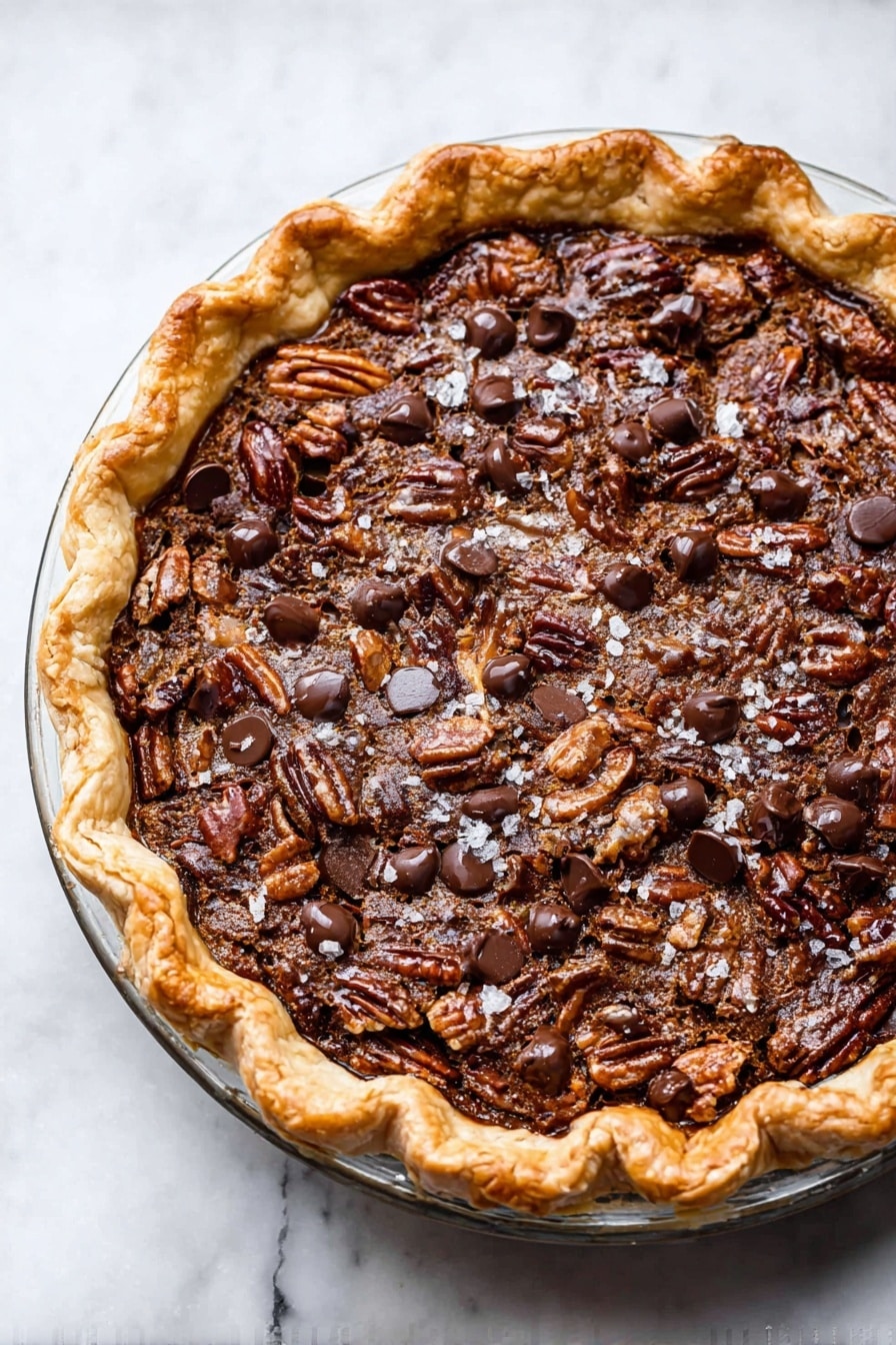 A round pie with a golden brown crust that curls slightly at the edges sits in a clear glass pie dish on a white marbled surface. The top layer is filled with whole pecans and large dark chocolate chips, some melted and some firm, scattered across a rich, textured, dark brown filling. Small white flakes of coarse sea salt sprinkle the top, creating a slight contrast against the dark filling. The crust looks flaky and thick, forming a sturdy border around the pie. photo taken with an iphone --ar 2:3 --v 7 - Dark Chocolate Pecan Pie, chocolate pecan pie, decadent pecan pie, holiday pecan pie, chocolate dessert recipe