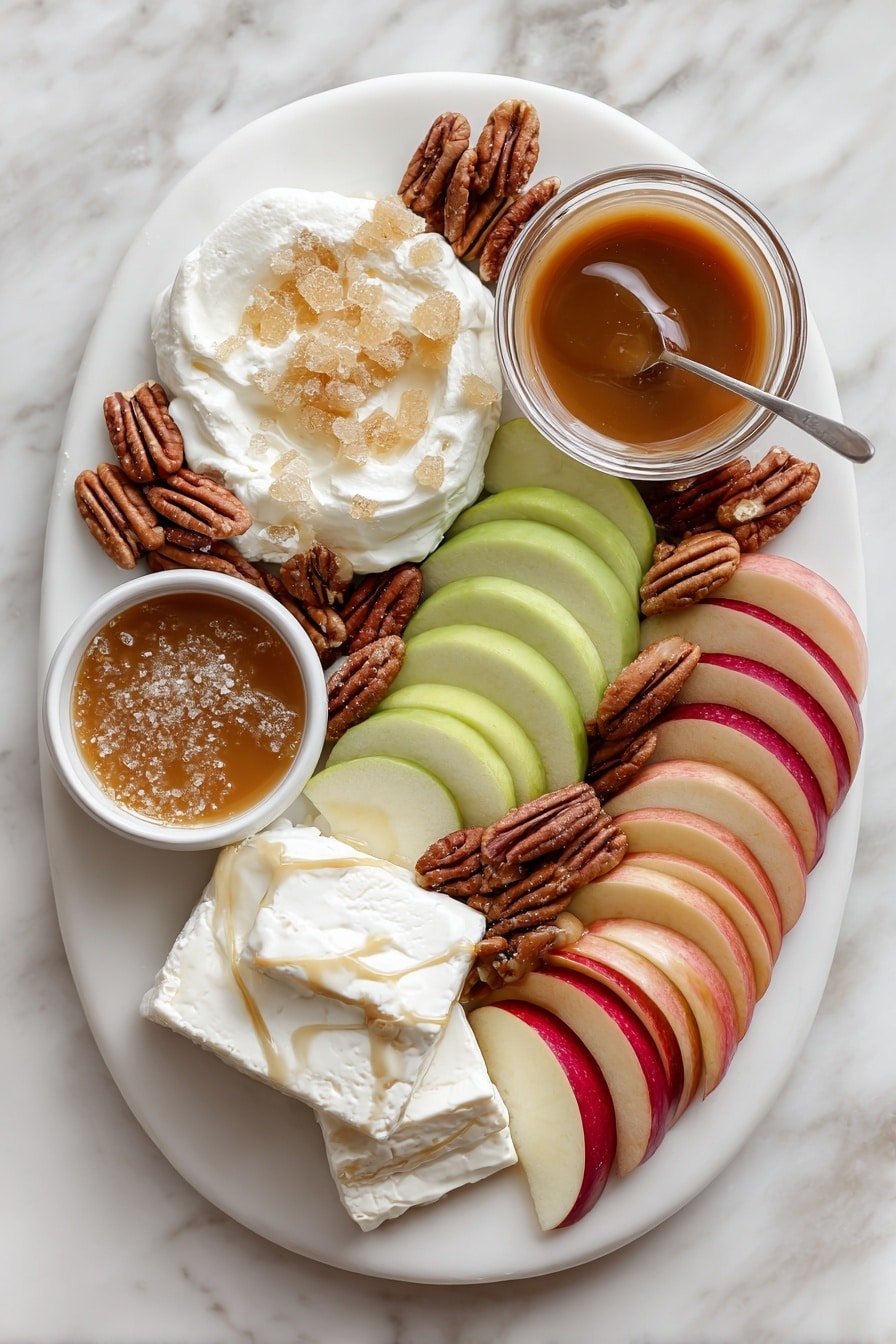 Flat lay of soft cream cheese, smooth heavy cream, golden brown sugar crystals, rich caramel sauce glistening, toasted pecan halves with a warm, nutty color, crisp red and green apple slices arranged in a fan shape, placed on a white marble surface, photo taken with an iphone --ar 2:3 --v 7 - Caramel Apple Cheesecake Dip, easy caramel apple dip, apple dessert dip, no-bake cheesecake dip, fall appetizer recipes