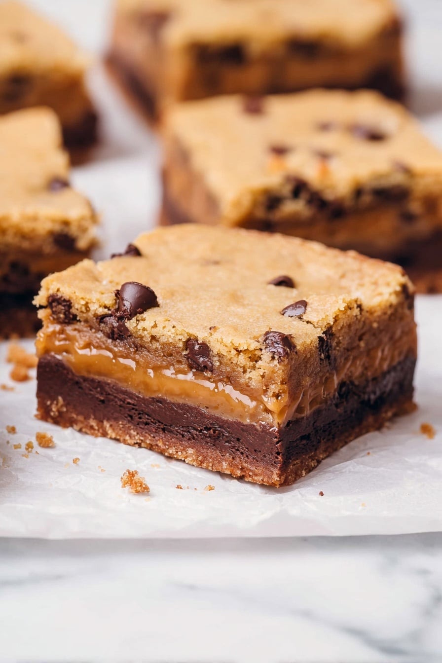 The image shows a close-up of a thick square bar with three distinct layers. The bottom layer is dark brown, dense, and appears like a firm chocolate base. The middle layer is lighter brown with a shiny, smooth texture that looks like melted caramel mixed with chocolate bits. The top layer is a golden brown cookie dough crust with a slightly crumbly texture and some visible dark chocolate chunks embedded. The bar is placed on white parchment paper, set on a white marbled surface, with parts of other similar bars visible around it, all closely cropped. photo taken with an iphone --ar 2:3 --v 7 - Knock You Naked Bars, no-bake cookie bars, caramel peanut butter bars, easy dessert bars, layered sweet treats