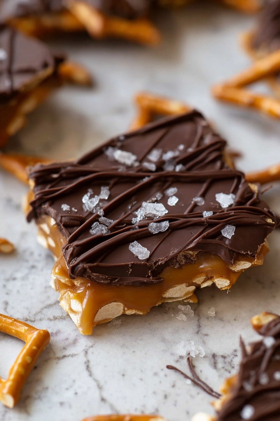 The image shows a close-up of a piece of candy with three visible layers: the bottom layer is light brown and crunchy, made of thin pretzel sticks, the middle layer is smooth, shiny caramel, and the top layer is dark chocolate drizzled in thin lines across the piece. The candy is sprinkled with small flakes of white salt. The background is a white marbled texture with more pieces of the same candy scattered around, giving a casual and inviting look. photo taken with an iphone --ar 2:3 --v 7 - Salted Caramel Pretzel Bark, salty chocolate pretzel bark, caramel and pretzel chocolate treat, easy salted caramel bark, homemade pretzel bark