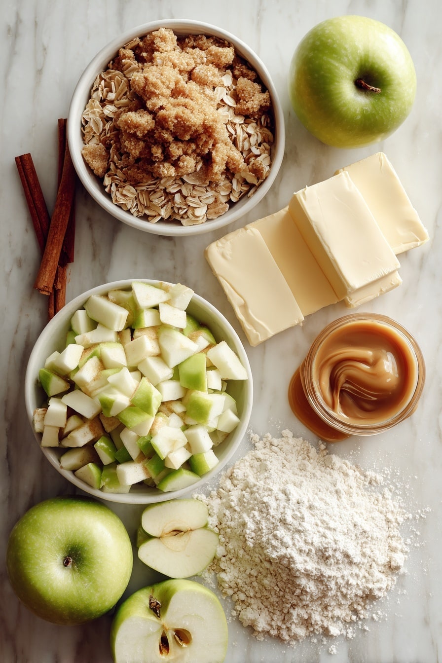 Flat lay of peeled and finely chopped Granny Smith apples mixed with cinnamon and nutmeg, packed brown sugar, quick cooking oats, softened cream cheese blocks, a stick of butter, and a smooth caramel drizzle artfully flowing beside a small heap of flour, placed on a white marble surface, photo taken with an iphone --ar 2:3 --v 7 - Caramel Apple Cheesecake Bars, fall dessert recipes, apple dessert bars, creamy cheesecake bars, caramel apple bars