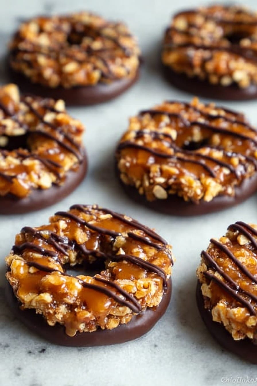 The image shows several round caramel and nut cookies on a white marbled surface. Each cookie has two layers: a base layer of smooth dark chocolate with a shiny texture, and a thick top layer made of a sticky caramel mixed with chopped nuts, giving a rough, chunky look. Dark chocolate is drizzled over the caramel layer in thin lines, adding contrast and a glossy finish. The cookies are arranged in a scattered way, some overlapping slightly. Photo taken with an iphone --ar 2:3 --v 7 - Homemade Samoas Cookies, Samoas cookies from scratch, Girl Scout Samoa cookie copycat, caramel coconut chocolate cookies, homemade Samoa treat