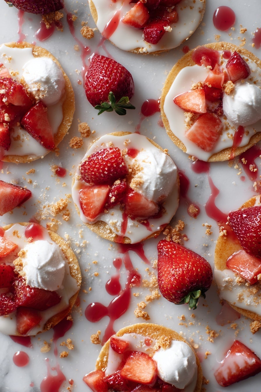 Flat lay of golden baked flour tortilla circles, melted glossy white chocolate in soft pools, vibrant red fresh strawberry halves and diced pieces, powdery white cream cheese dollops, smooth whipped cream peaks, glistening strawberry syrup droplets, and crumbled strawberry crunch bits, all beautifully arranged on a white marble surface, photo taken with an iphone --ar 2:3 --v 7 - Strawberry Crunch Cheesecake Tacos, Strawberry Cheesecake Tacos, Easy Cheesecake Tacos, Unique Dessert Recipes, No-Bake Strawberry Tacos