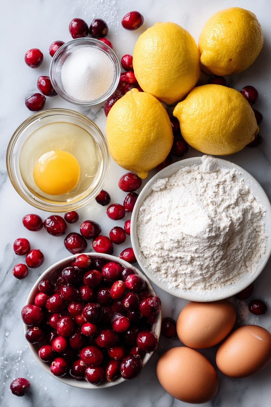 Flat lay of fresh bright red cranberries, whole vibrant yellow lemons with a few lemon wedges showing juicy interiors, small glass bowl of granulated sugar, melted butter in a clear liquid state, a heap of all-purpose flour, a few large brown eggs, and a dusting of powdered sugar artfully sprinkled as fine white powder, all beautifully arranged on a white marble surface, photo taken with an iphone --ar 2:3 --v 7 - Cranberry Lemon Bars, Lemon Cranberry Bars, Tart and Sweet Lemon Bars, Easy Holiday Bar Desserts, Zesty Fruit Bars