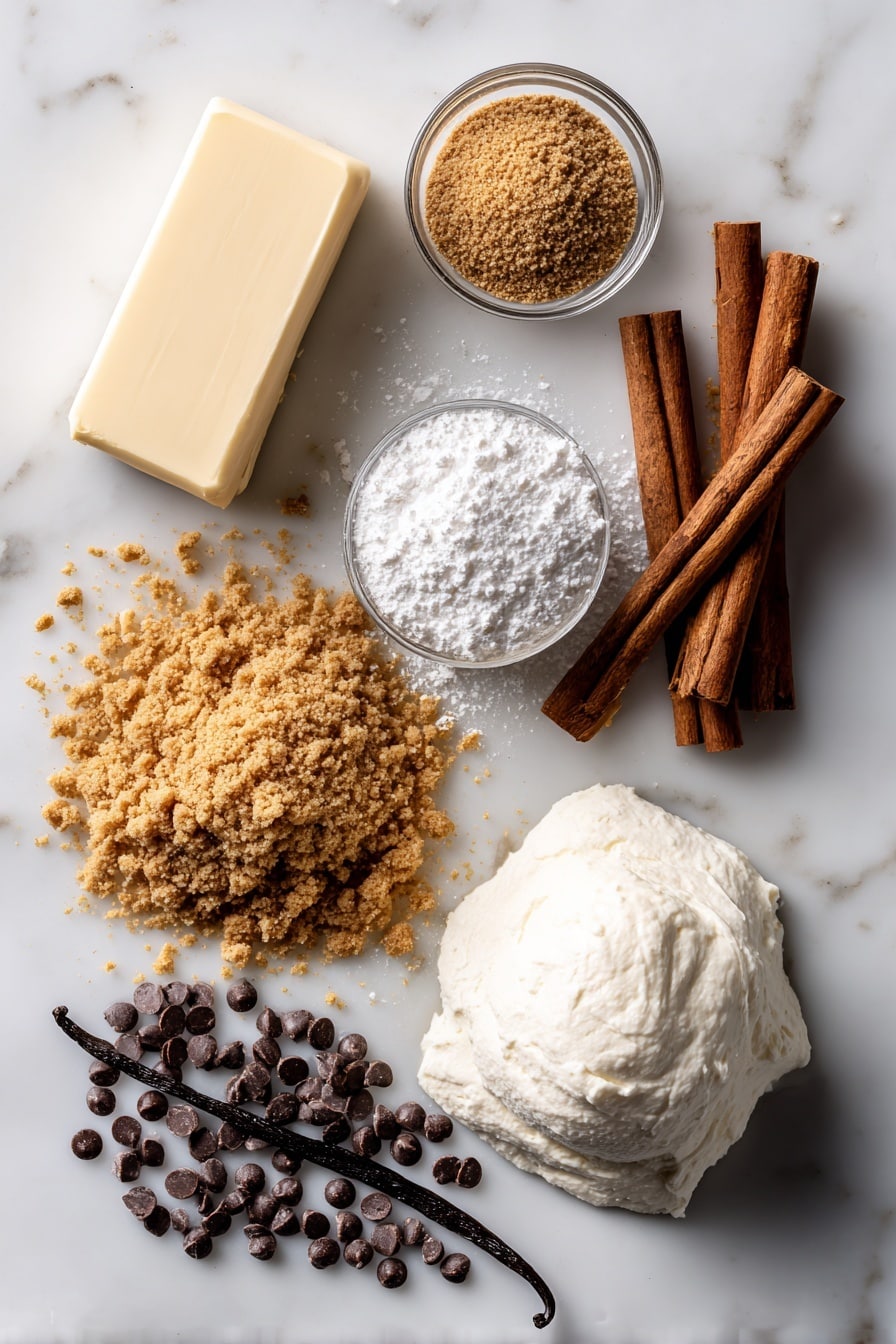 Flat lay of graham cracker crumbs in a small neat pile, a stick of unsalted butter partially melted, a smooth mound of creamy mascarpone cheese, a small heap of powdered sugar, a few cinnamon sticks, a scattering of mini chocolate chips, a small glass of heavy whipping cream, and a vanilla bean pod arranged beautifully and naturally spaced, placed on a white marble surface, photo taken with an iphone --ar 2:3 --v 7 - Cannoli Tart, Cannoli Tart Recipe, Creamy Mascarpone Tart, No-Bake Dessert, Easy Italian Dessert