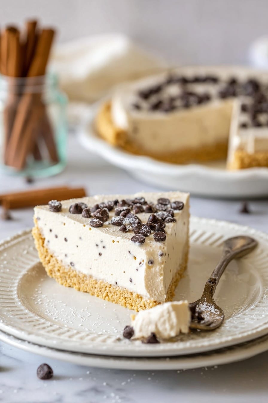 The image shows a slice of creamy pie on a white plate with a detailed rim. The pie has two layers: a thick, light beige cream layer on top with tiny dark specks, and a golden-brown crumbly crust at the bottom and edges. The cream layer is sprinkled with small dark chocolate chips, some dusted lightly with powdered sugar. A small piece of pie is lifted on a fork resting on the plate. In the background, the whole pie is seen on a white plate, with a jar of cinnamon sticks blurred behind it. The setting is on a white marbled surface with a soft, light ambiance. Photo taken with an iphone --ar 2:3 --v 7 - Cannoli Tart, Cannoli Tart Recipe, Creamy Mascarpone Tart, No-Bake Dessert, Easy Italian Dessert