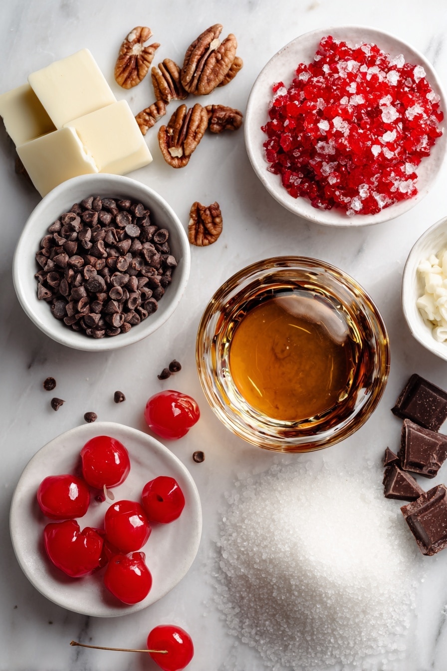 Flat lay of finely chopped pecans, small glass of amber bourbon, finely chopped bright red maraschino cherries, softened golden butter, piles of white powdered sugar, glossy semi-sweet chocolate chips, smooth coconut oil dollops, and shiny red candied cherry halves, all beautifully arranged on a white marble surface, photo taken with an iphone --ar 2:3 --v 7 - Cherry Bourbon Balls, Bourbon Christmas Treats, Cherry Candy Balls, Easy Bourbon Confections, Holiday Party Bites