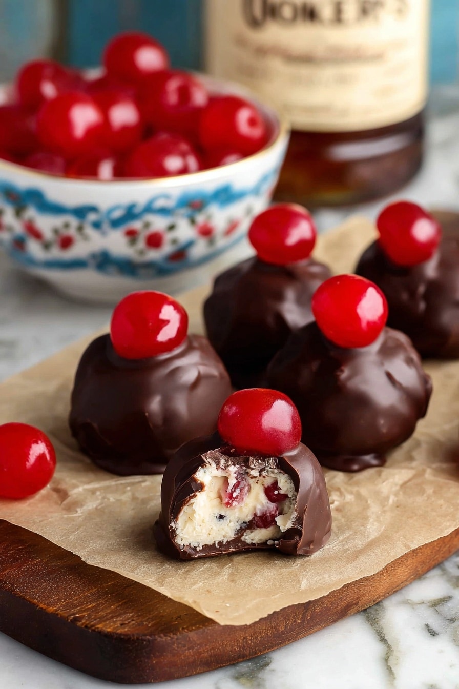 The image shows several round chocolate-covered treats arranged on light brown parchment paper on a wooden board. Each treat has a smooth, dark brown chocolate coating with a bright red cherry on top. One treat in the front has a bite taken out, revealing a creamy white inside with specks of red and brown. In the background, there is a white bowl with a blue and red pattern filled with bright red cherries, and a blurry bottle with a beige label behind it. The surface beneath is a white marbled texture. photo taken with an iphone --ar 2:3 --v 7 - Cherry Bourbon Balls, Bourbon Christmas Treats, Cherry Candy Balls, Easy Bourbon Confections, Holiday Party Bites