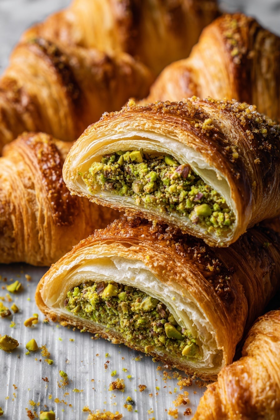 Several golden brown croissants with a crispy, flaky texture are arranged on a white marbled surface with vertical ridges. Each croissant is sliced in half horizontally, revealing a thick layer of finely chopped green and brown pistachio filling in the middle. Crumbs from the filling are scattered around the croissants, adding a rough texture contrast against the smooth croissant layers. The lighting highlights the croissants' shiny, butter-rich surface and the dense, nutty filling inside. photo taken with an iphone --ar 2:3 --v 7 - Chocolate Pistachio Croissants with Ricotta and Honey, flaky pastry with chocolate and pistachios, easy homemade croissants with ricotta and honey, gourmet breakfast pastries, pistachio and chocolate pastry ideas