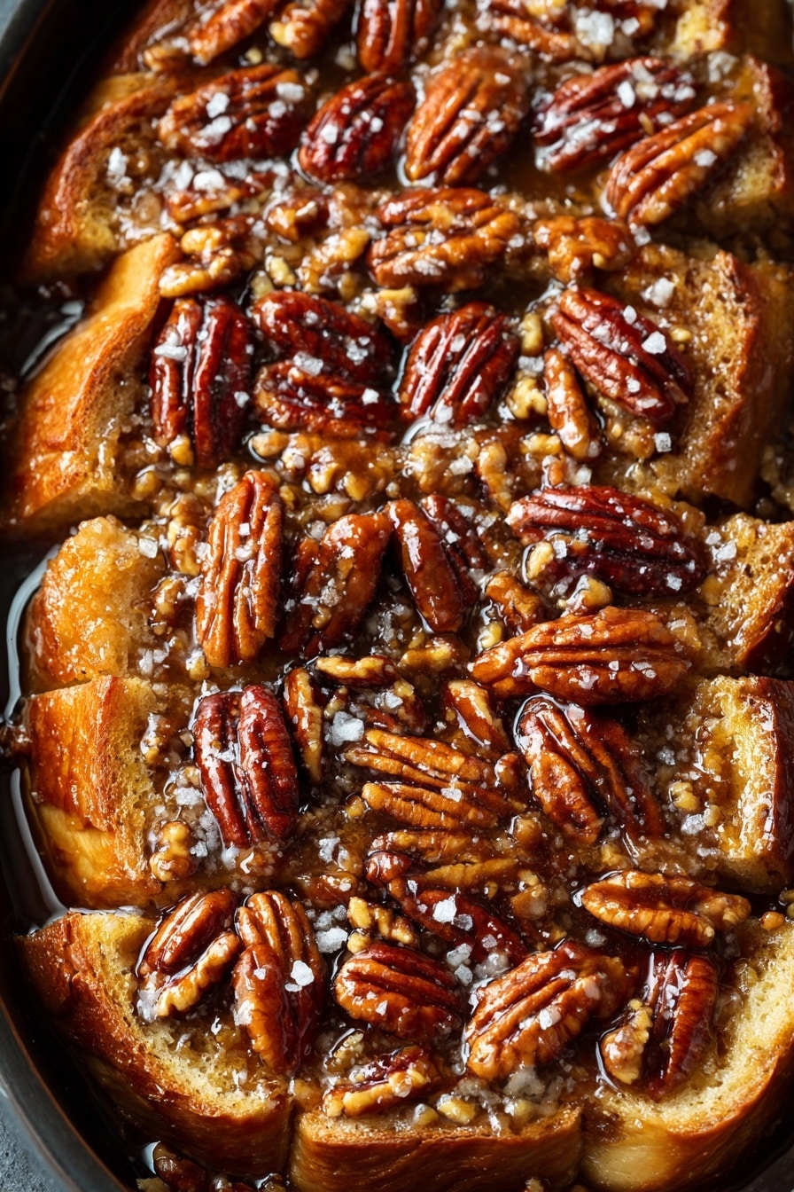 The image shows a close-up of a baked dessert in a dark pan. It has one visible layer of toasted bread slices that are golden brown with a slightly crispy texture. On top of the bread, there is a thick layer of whole pecan nuts, rich brown in color, glossy from a sticky caramel glaze. The glaze also looks gooey and shiny, covering both the pecans and parts of the bread, with some small bits of coarse sea salt scattered on top. The background is a white marbled texture. photo taken with an iphone --ar 2:3 --v 7 - Pecan Pie French Toast, decadent brunch recipes, easy breakfast ideas, sweet nutty French toast, holiday brunch dessert