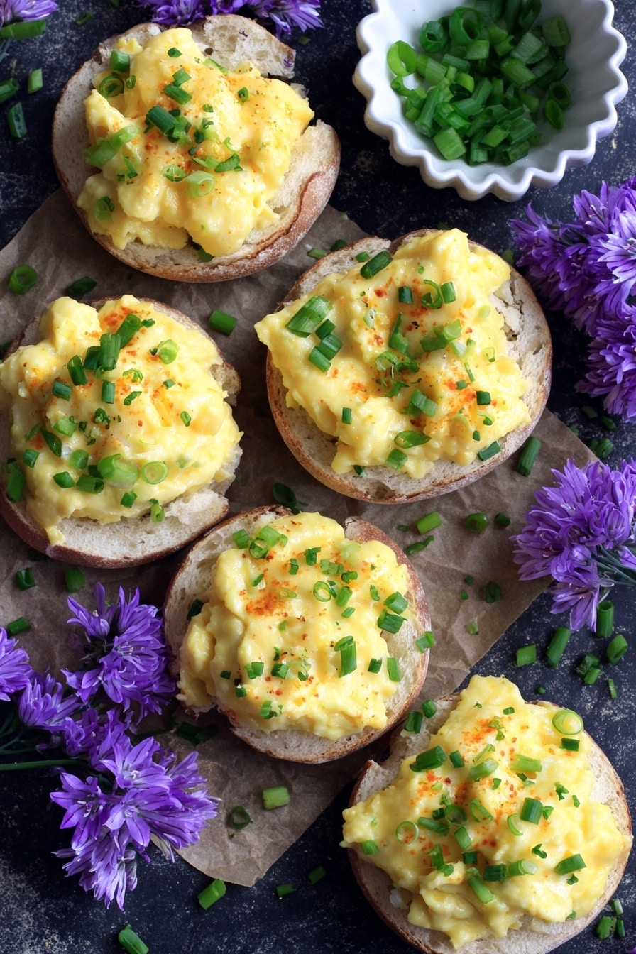 The image shows six English muffin halves topped with scrambled eggs, each egg layer light yellow with soft, creamy texture and small orange spots, garnished with chopped green onions. The English muffins are light brown and toasted, providing a rough base layer. Nearby, a white scalloped bowl holds extra chopped green onions. The background surface is a dark slate color with a small piece of brown parchment paper under one muffin. Purple flowers add a touch of color around the muffins. Photo taken with an iphone --ar 2:3 --v 7 - Garlic Herb Boursin Scrambled Egg Bake, creamy breakfast casserole, easy breakfast baked eggs, flavorful brunch egg dish, quick egg bake with herbs
