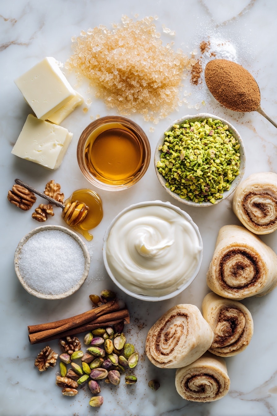 Flat lay of golden brown sugar crystals, rich amber honey drizzles, creamy white heavy cream in a soft pool, smooth unsalted butter chunks, chopped vibrant green pistachios, rustic brown walnut pieces, a small pile of fine white granulated sugar, and warm brown ground cinnamon powder, all beautifully arranged with unrolled cinnamon roll dough spirals nearby, placed on a white marble surface, photo taken with an iphone --ar 2:3 --v 7 - Baklava Cinnamon Rolls, Nutty Cinnamon Roll Recipe, Easy Baklava-Style Rolls, Honey and Nut Cinnamon Rolls, Unique Breakfast Treats