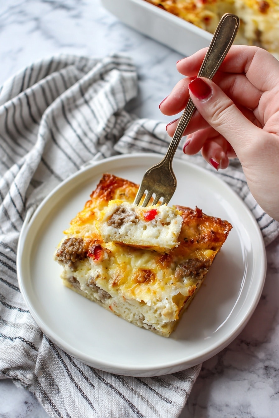 A white plate holds a square piece of cheesy baked dish with a golden-brown top layer showing melted cheese. The middle layer is light and creamy with bits of sausage and small red pepper pieces visible. A silver fork, held by a woman's hand, lifts a small mixed bite from the dish, showing soft, cheesy texture with meat and pepper bits. The scene is placed on a white marbled surface with a striped cloth nearby. Photo taken with an iphone --ar 2:3 --v 7 - Overnight Breakfast Casserole with Sausage, Potatoes, and Cheese, make-ahead breakfast casserole, hearty breakfast casserole recipe, easy overnight breakfast, family-friendly breakfast dish
