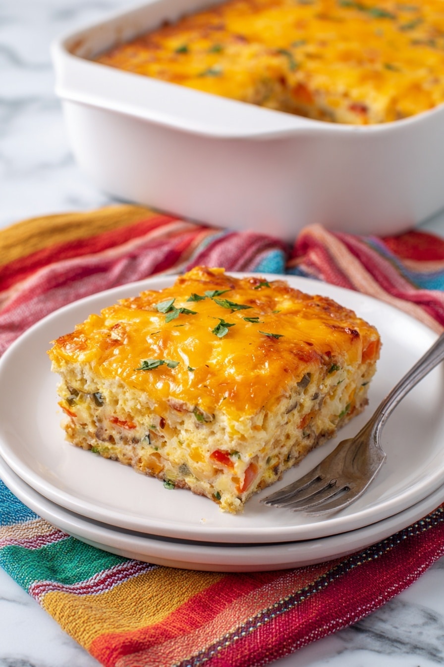 A square piece of casserole with three visible layers sits on a white plate; the top layer is melted bright orange cheese with a slightly bubbly texture, the middle layer shows a creamy mixture with small bits of green and red vegetables, and the bottom layer appears to be a denser, cooked base. Behind the plate, there is a white baking dish filled with the same casserole, showing the same golden orange top layer. A fork rests on the plate next to the casserole piece, and beneath the plate is a colorful striped cloth with red, yellow, green, and blue lines. The whole scene is set on a white marbled surface. photo taken with an iphone --ar 2:3 --v 7 - Overnight Breakfast Casserole with Sausage, Potatoes, and Cheese, make-ahead breakfast casserole, hearty breakfast casserole recipe, easy overnight breakfast, family-friendly breakfast dish