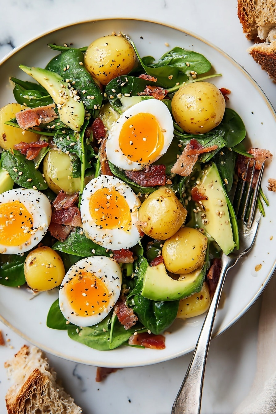 The dish is served on a white plate with a base layer of fresh green spinach leaves. On top, there are small yellow baby potatoes, both whole and sliced, scattered around the plate. Slices of light green avocado with a smooth texture are placed over the spinach and potatoes. Three soft-boiled eggs, each cut in half to reveal bright orange yolks and firm white edges, are positioned evenly throughout. Pieces of crispy reddish-brown bacon are sprinkled on top, adding a crunchy texture. Everything is lightly dusted with a mix of black and white sesame seeds along with other small seasonings. A silver fork rests on the right side of the plate, touching the edges of the food. The plate sits on a white marbled surface with some torn pieces of brown bread nearby. photo taken with an iphone --ar 2:3 --v 7 - Breakfast Salad with Baby Potatoes, Bacon, Eggs, and Avocado, healthy breakfast salad, easy morning salad recipe, quick breakfast ideas, nutritious brunch salads