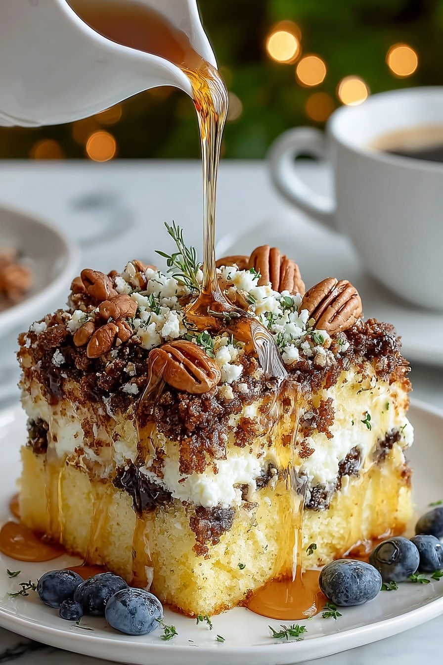 A square piece of yellow sponge cake on a white plate, with two layers of melted white cheese and dark brown crumbly topping inside. The top is covered with more of the crumbly dark brown layer, whole pecans, small green herbs, and white crumbled cheese. Golden syrup is being poured over the cake, flowing down the sides onto the plate. A few fresh blueberries are scattered on the plate and on top of the cake. The plate is set on a white marbled surface, with a blurred background showing a white cup of coffee and soft yellow lights. photo taken with an iphone --ar 2:3 --v 7 - Sweet Maple Sausage Breakfast Casserole, maple sausage breakfast bake, sweet and savory breakfast casserole, easy breakfast casserole, holiday brunch casserole