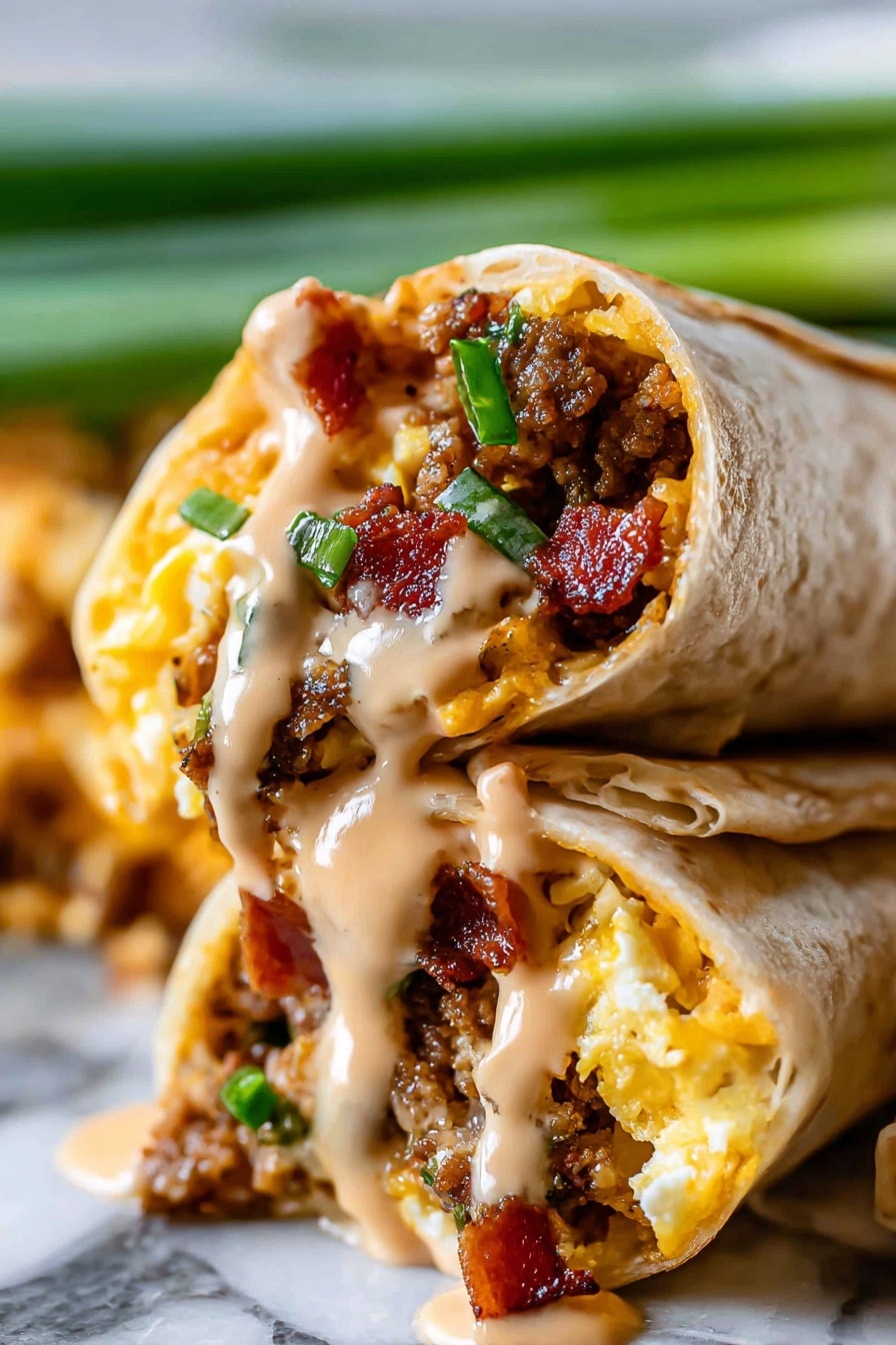 A close-up view of a wrapped burrito showing four main layers inside: the outer light brown tortilla with a soft, slightly toasted texture; inside, a layer of melted yellow cheese mixed with crumbled cooked brown meat pieces; scattered red bacon bits and chopped green herbs add color contrast; a creamy light brown sauce is drizzled on top, dripping slightly over the filling. The background is a white marbled surface, with blurred green stalks visible behind the burrito photo taken with an iphone --ar 2:3 --v 7 - The Only Breakfast Burrito Recipe You Need, easy breakfast burrito, hearty breakfast ideas, breakfast burrito ingredients, make-ahead breakfast burrito