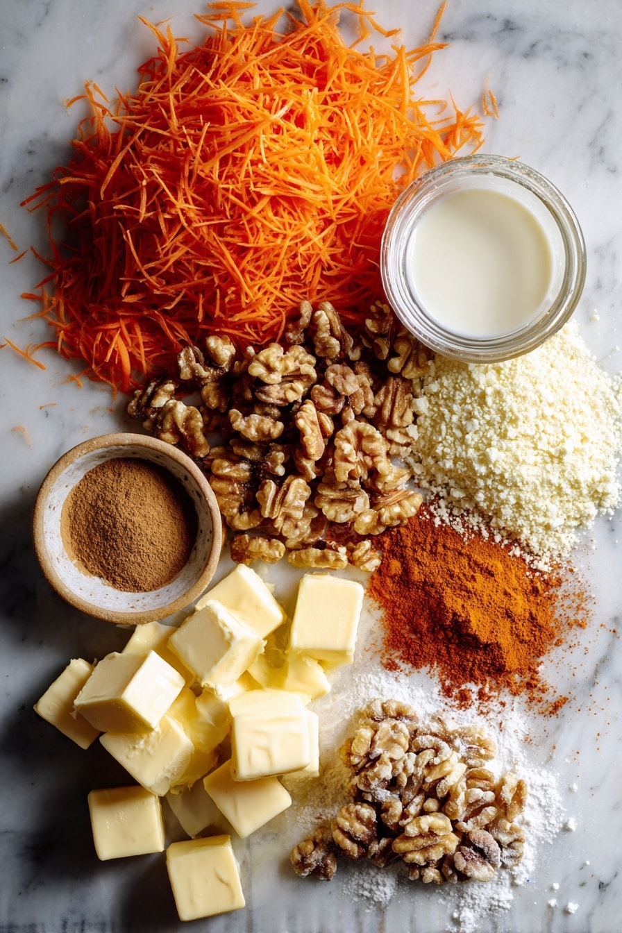 Flat lay of finely shredded bright orange carrots, shelled chopped walnuts with their rich brown texture, a small mound of ground cinnamon in warm reddish-brown tones, a heap of ground nutmeg with its light brown specks, golden cubes of cold butter, a splash of creamy white heavy cream in a small puddle, a dusting of powdered sugar softly scattered, and a drizzle of glossy vanilla glaze, all beautifully arranged on a white marble surface, photo taken with an iphone --ar 2:3 --v 7 - Carrot Cake Scones with Cinnamon Glaze, carrot cake scones, cinnamon glaze scones, easy carrot scones, brunch scones recipes