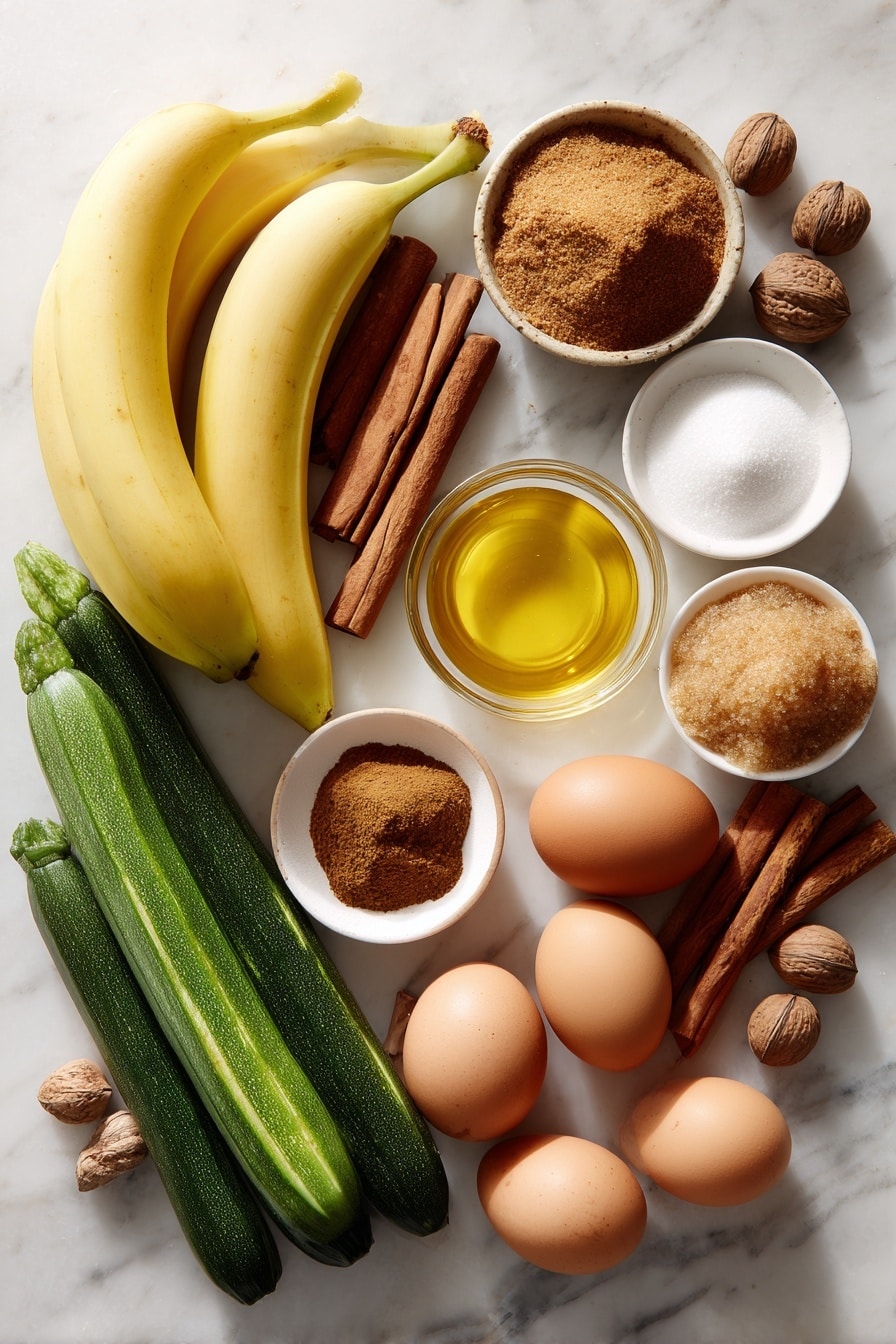 Flat lay of ripe yellow bananas peeled and whole, freshly grated green zucchini piled neatly, golden brown sugar crystals in a small mound, smooth vanilla beans beside a small bottle of vanilla extract, warm brown cinnamon sticks arranged artistically, rustic nutmeg with a few whole nutmeg seeds, fresh eggs with clean shells, all beautifully arranged with soft natural light highlighting their textures, placed on a white marble surface, photo taken with an iphone --ar 2:3 --v 7 - Banana Zucchini Bread, healthy banana zucchini bread, moist zucchini banana bread, easy zucchini banana bread recipe, delicious banana zucchini loaf