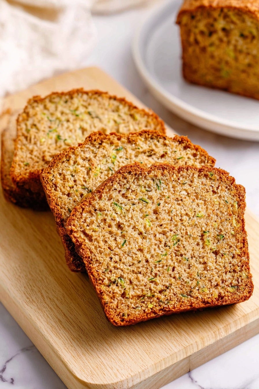 The image shows a close-up of two thick slices of moist zucchini bread on a white plate with a thin black rim, featuring a slightly uneven top edge and a golden-brown crust. The bread texture is dense with visible specks of grated zucchini and tiny dark spots throughout the loaf. The plate is placed on a white marbled surface with a fork beside the slices, and a soft blue cloth is partially visible under the plate. In the background, there is a larger piece of the same bread on a wooden cutting board and another slice on a white plate with a black rim, all set against the white marbled surface. photo taken with an iphone --ar 2:3 --v 7 - Banana Zucchini Bread, healthy banana zucchini bread, moist zucchini banana bread, easy zucchini banana bread recipe, delicious banana zucchini loaf