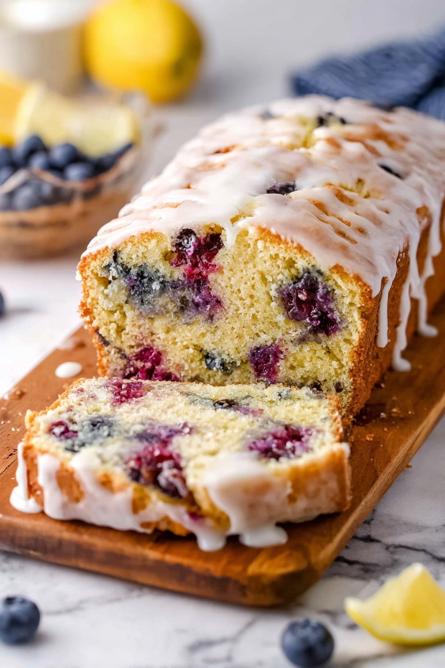 A loaf of blueberry lemon bread is shown on a wooden board with a white marbled texture in the background. The bread has two visible layers: a golden brown crust with a slightly rough texture on top, drizzled with white icing, and a soft, light yellow interior filled with dark purple blueberries and small green lemon zest bits spread evenly throughout. Two slices are cut from the loaf and placed in front, showing the moist crumb and berry distribution clearly. Scattered around are whole fresh blueberries and lemon wedges, adding color contrast to the scene. Photo taken with an iphone --ar 2:3 --v 7 - Blueberry Zucchini Bread with Lemon Glaze, blueberry zucchini bread, healthy zucchini bread, lemon glazed quick bread, blueberry zucchini loaf