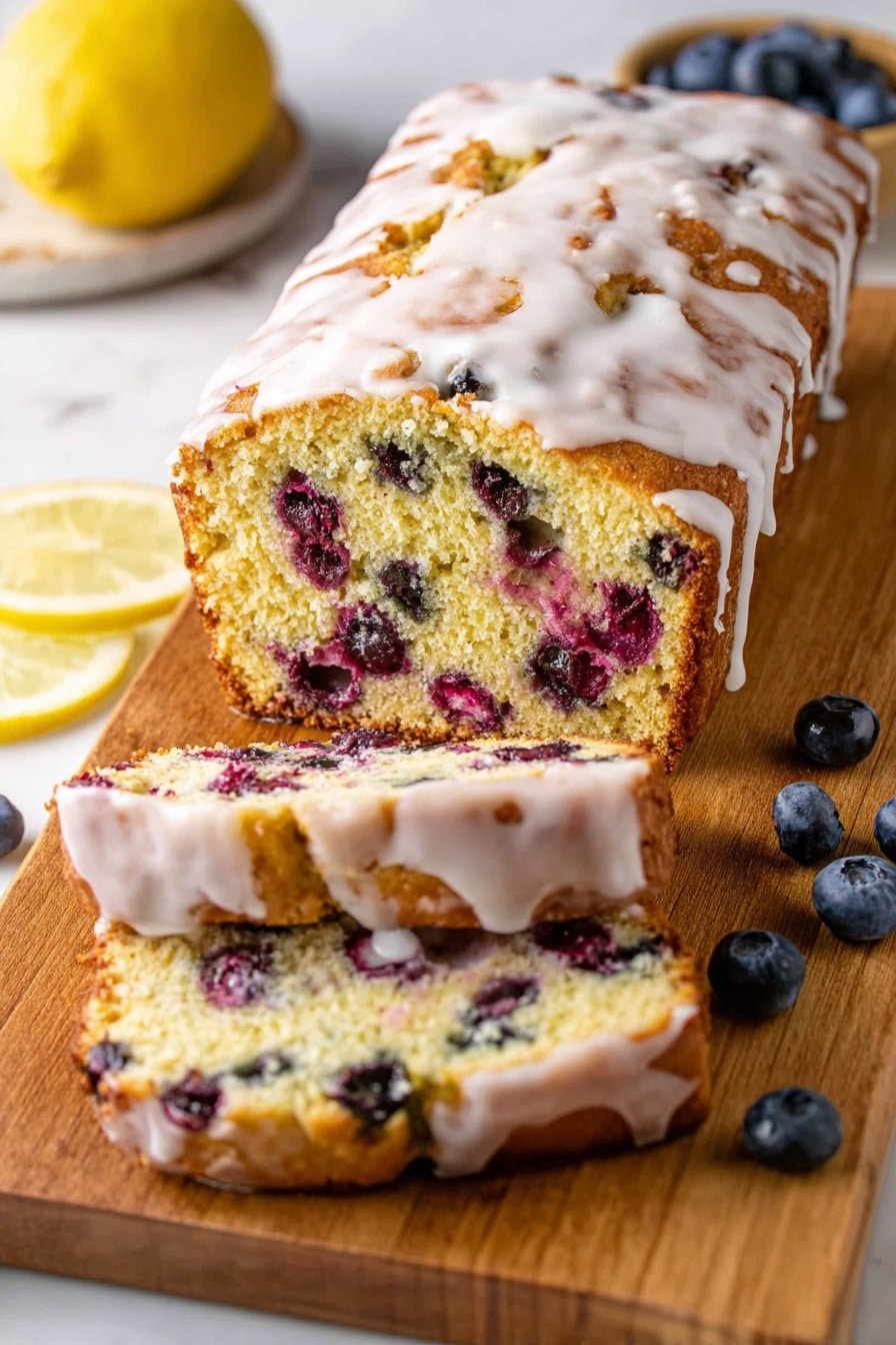 A loaf of yellow cake with visible blueberries and red berries inside sits on a wooden board. The cake is sliced, showing a moist texture with berries spread throughout the two visible layers. The top layer is uneven and cracked, covered with a white drizzle of icing that runs down the sides. Around the cake, there are whole blueberries scattered and a lemon wedge on the white marbled surface in the background. A blurred bowl of blueberries is in the back left, enhancing the fresh berry theme. Photo taken with an iphone --ar 2:3 --v 7 - Blueberry Zucchini Bread with Lemon Glaze, blueberry zucchini bread, healthy zucchini bread, lemon glazed quick bread, blueberry zucchini loaf