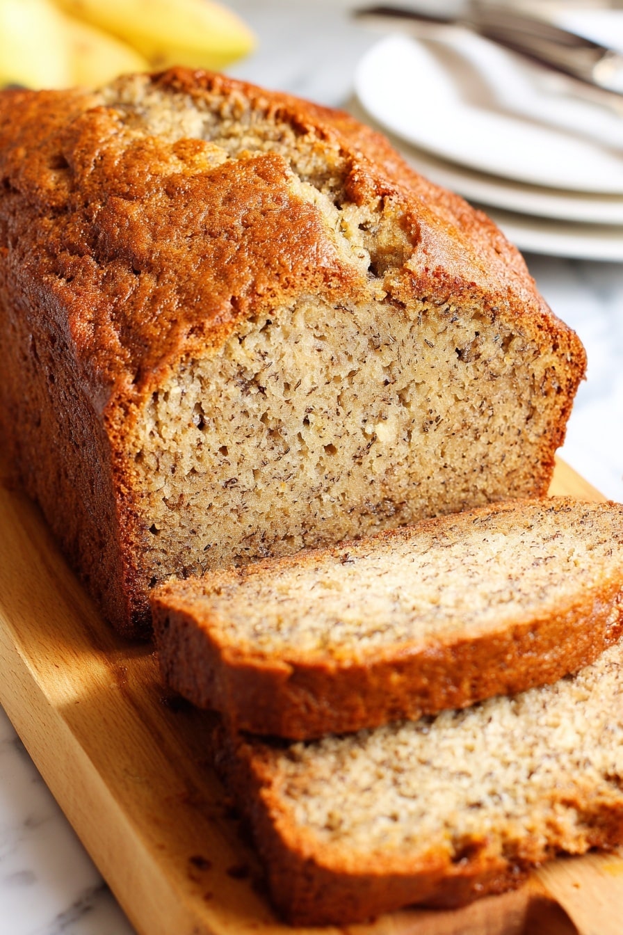 The image shows a loaf of banana bread with a golden brown crust and moist, speckled inside. The loaf is sliced into three thick pieces, with the slices showing a light beige color with darker brown spots from banana and small air holes. The loaf sits on a wooden cutting board, with a butter knife resting on the left side of the board. In the background, there are white plates stacked on top of each other with silver forks on a blue cloth, all placed on a white marbled surface. Photo taken with an iphone --ar 2:3 --v 7 - One-Bowl Banana Bread, quick banana bread recipe, easy banana bread, moist banana bread, beginner-friendly banana bread