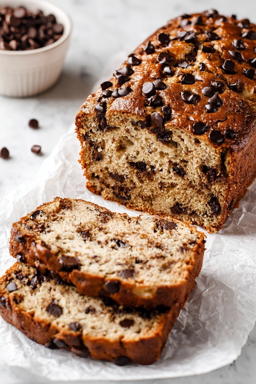 The image shows a loaf of chocolate chip banana bread on a white marbled surface. The bread has a golden brown crust with scattered shiny dark chocolate chips on top. Two slices are cut from the loaf and placed in front, showing a soft, moist texture inside with evenly spread dark chocolate chips throughout the light brown banana-flavored bread. Some chocolate chips are slightly melted, adding a rich contrast to the crumb. In the background, there is a white bowl filled with more chocolate chips. photo taken with an iphone --ar 2:3 --v 7 - Protein Banana Bread with Chocolate Chips, healthy banana bread, protein banana bread recipe, nutritious banana bread, easy banana bread with chocolate chips