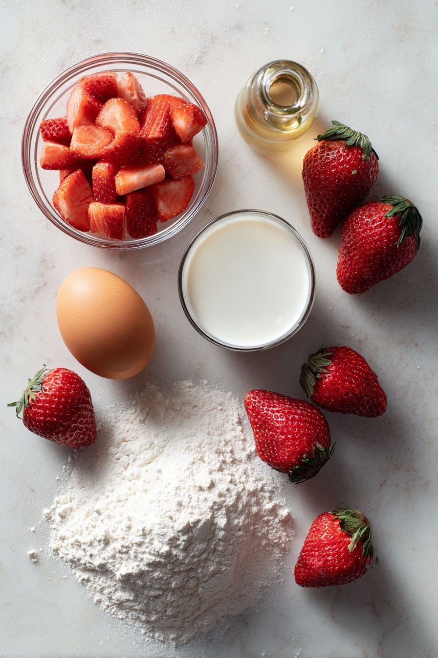 Flat lay of fresh diced strawberries with vibrant red hues and green leaves, a cracked large egg showing the golden yolk, a small pile of granulated sugar sparkling under the light, a bowl of whole milk with creamy texture, a glossy pool of vegetable oil, a scattering of all-purpose flour dusted lightly, and a sprinkle of powdered sugar in fine white powder, all beautifully arranged in a balanced composition, placed on a white marble surface, photo taken with an iphone --ar 2:3 --v 7 - Strawberry Bread with Vanilla Glaze, strawberry bread recipe, homemade strawberry loaf, easy berry bread, vanilla glaze dessert