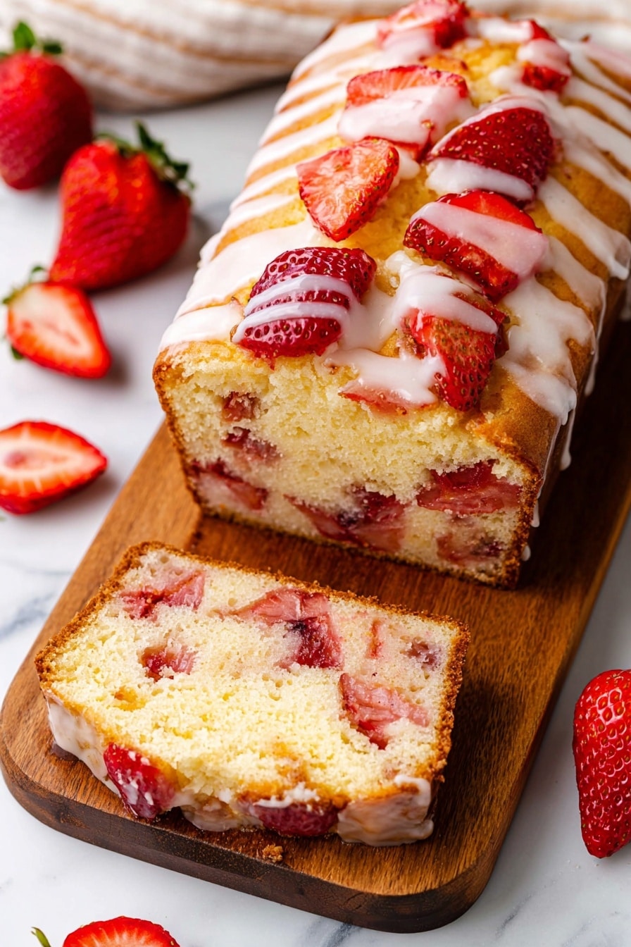 A loaf cake with a golden brown crust sits on a wooden board atop a white marbled surface. The cake is filled with red pieces of strawberry evenly placed inside its soft light yellow interior, visible on the top where the cake slightly rises in ridges. White icing is drizzled in thin lines across the top of the cake. Around the board, fresh whole and sliced bright red strawberries add extra color, and a knife rests on the side. A white bowl filled with more fresh strawberries is in the background with a cloth nearby. Photo taken with an iphone --ar 2:3 --v 7 - Strawberry Bread with Vanilla Glaze, strawberry bread recipe, homemade strawberry loaf, easy berry bread, vanilla glaze dessert