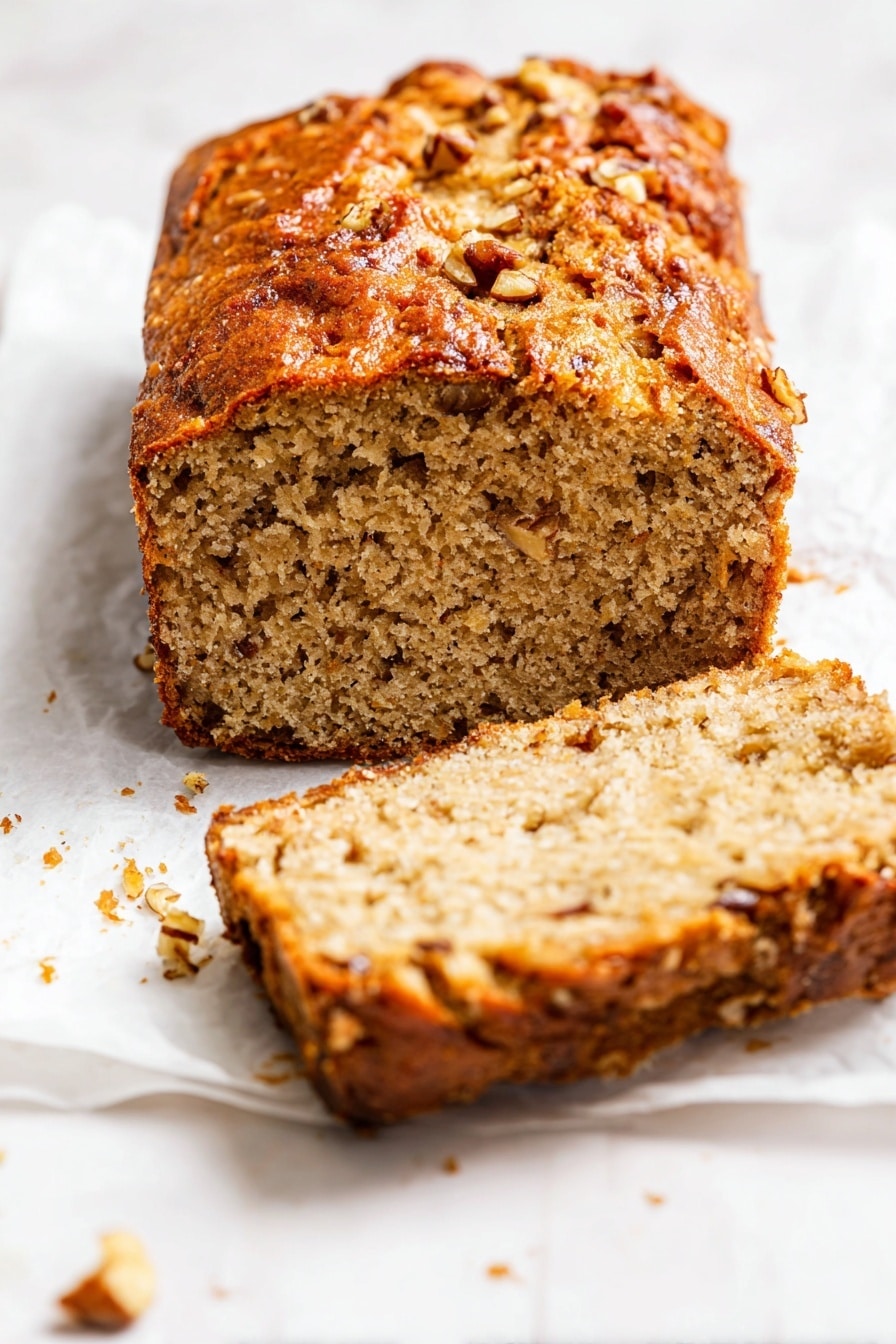 A single slice of moist-looking brown bread with visible small air holes and orange bits, likely pieces of carrot, sits on a white plate. The bread texture looks soft and crumbly with small crumbs scattered around the plate. There are shiny drops of syrup or honey on and around the slice, adding a sticky look. The plate rests on a white marbled surface with soft natural light highlighting the details. Photo taken with an iphone --ar 2:3 --v 7 - Cheddar Bacon Guinness Beer Bread, savory beer bread with bacon and cheese, easy Guinness bread recipe, no-knead beer bread with cheddar, quick bacon and cheese beer bread