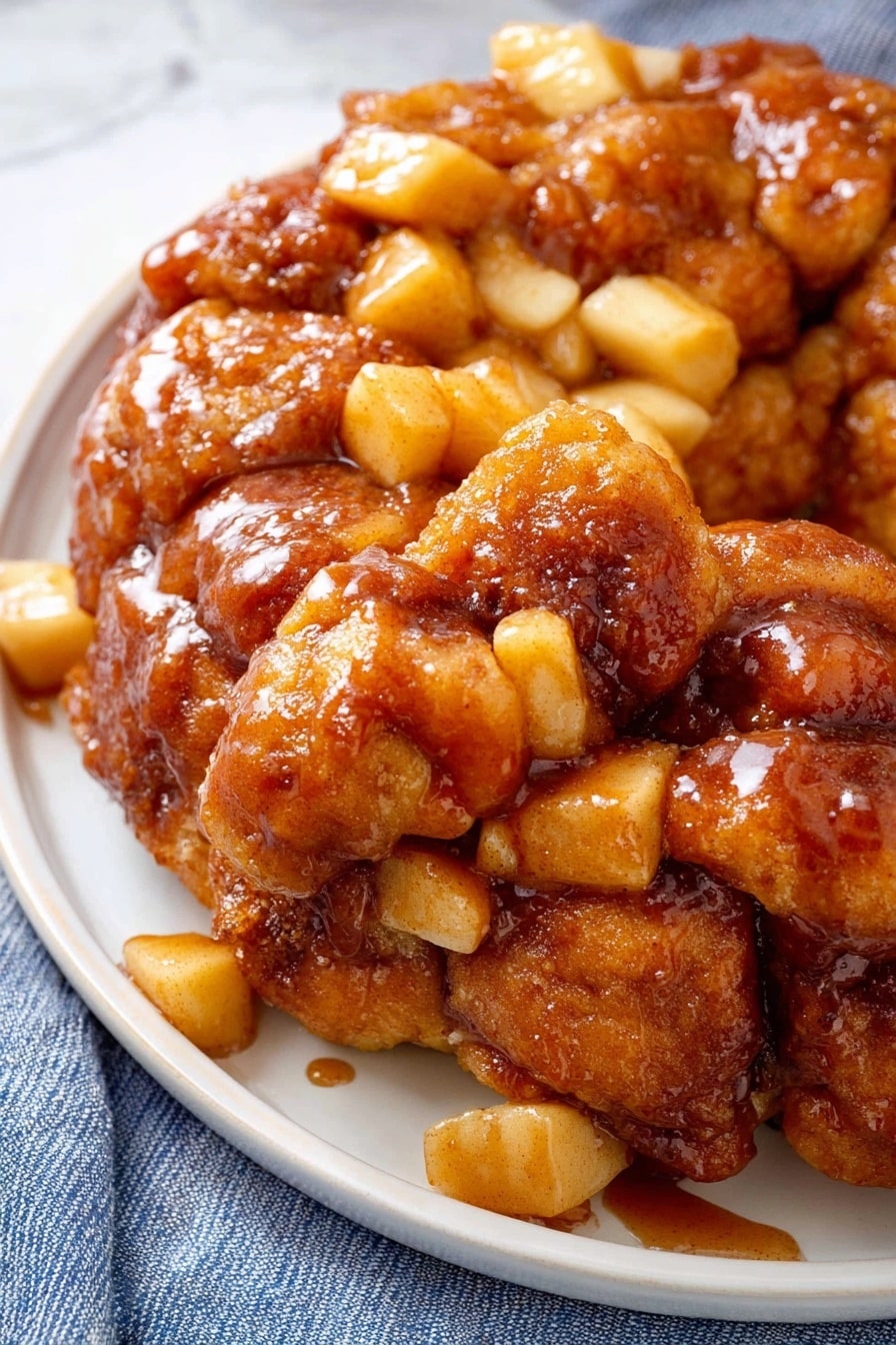 The dish is a round pull-apart bread with a shiny brown glaze covering the top. It has many small, soft, and puffy bread pieces stacked closely together in a ring shape, showing a rough textured surface with a glossy finish. The bread pieces are coated in shiny sauce that makes them look sticky and smooth. The dish sits on a white plate, which is placed on folded white and gray striped cloth on a white marbled surface. In the background, there are two green apples, slightly out of focus, adding a fresh color contrast. photo taken with an iphone --ar 2:3 --v 7 - Caramel Apple Monkey Bread, apple monkey bread, caramel apple dessert, easy fall dessert, printable monkey bread recipe
