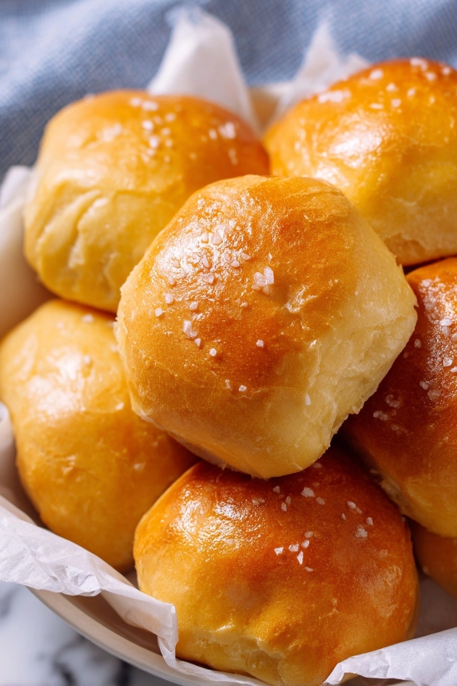 Several shiny golden brown soft dinner rolls are placed closely together on a white marbled surface. The top roll is pulled apart in the middle, showing its light, fluffy, and airy white inside with a soft texture. The bread crust has a smooth and slightly glossy look with some coarse salt pieces on top, giving it a fresh baked appearance. Photo taken with an iphone --ar 2:3 --v 7 - Soft and Buttery Parker House Rolls, Parker House Rolls, How to Make Parker House Rolls, Easy Parker House Rolls, Homemade Parker House Rolls