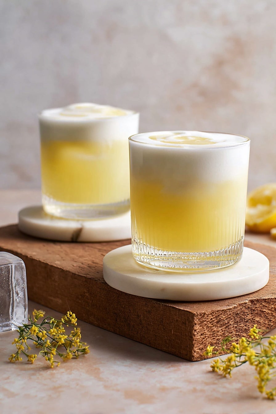 Two short clear glasses hold a pale yellow drink with a frothy white layer on top, each placed on a white marble coaster. The drink layers from a slightly translucent yellow at the bottom to a creamy white foam on top, with a small swirl of darker yellow foam visible in the froth. The glasses are positioned on a thick wooden slab against a white marbled background. In the foreground, there is a clear ice cube with a textured surface, and to the side, some small yellow flowers and lemon wedges rest softly out of focus. Photo taken with an iphone --ar 2:3 --v 7 - Creamy Lemonade, lemon drink with milk, easy lemonade recipe, refreshing creamy lemonade, how to make creamy lemonade