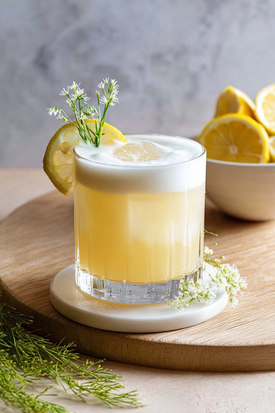 A clear glass filled with a pale yellow frothy drink sits on a white round coaster, which rests on a light wooden surface. The drink has a thick foam layer on top, with a lemon slice partially dipped inside, hanging on the rim. Small white flowers and green stems decorate the foam, adding a fresh touch. In the background, a white bowl holds several lemon slices. Green flower buds lie on the wooden surface near the glass, and a greyish light background with a white marbled texture completes the setting. Photo taken with an iphone --ar 2:3 --v 7 - Creamy Lemonade, lemon drink with milk, easy lemonade recipe, refreshing creamy lemonade, how to make creamy lemonade