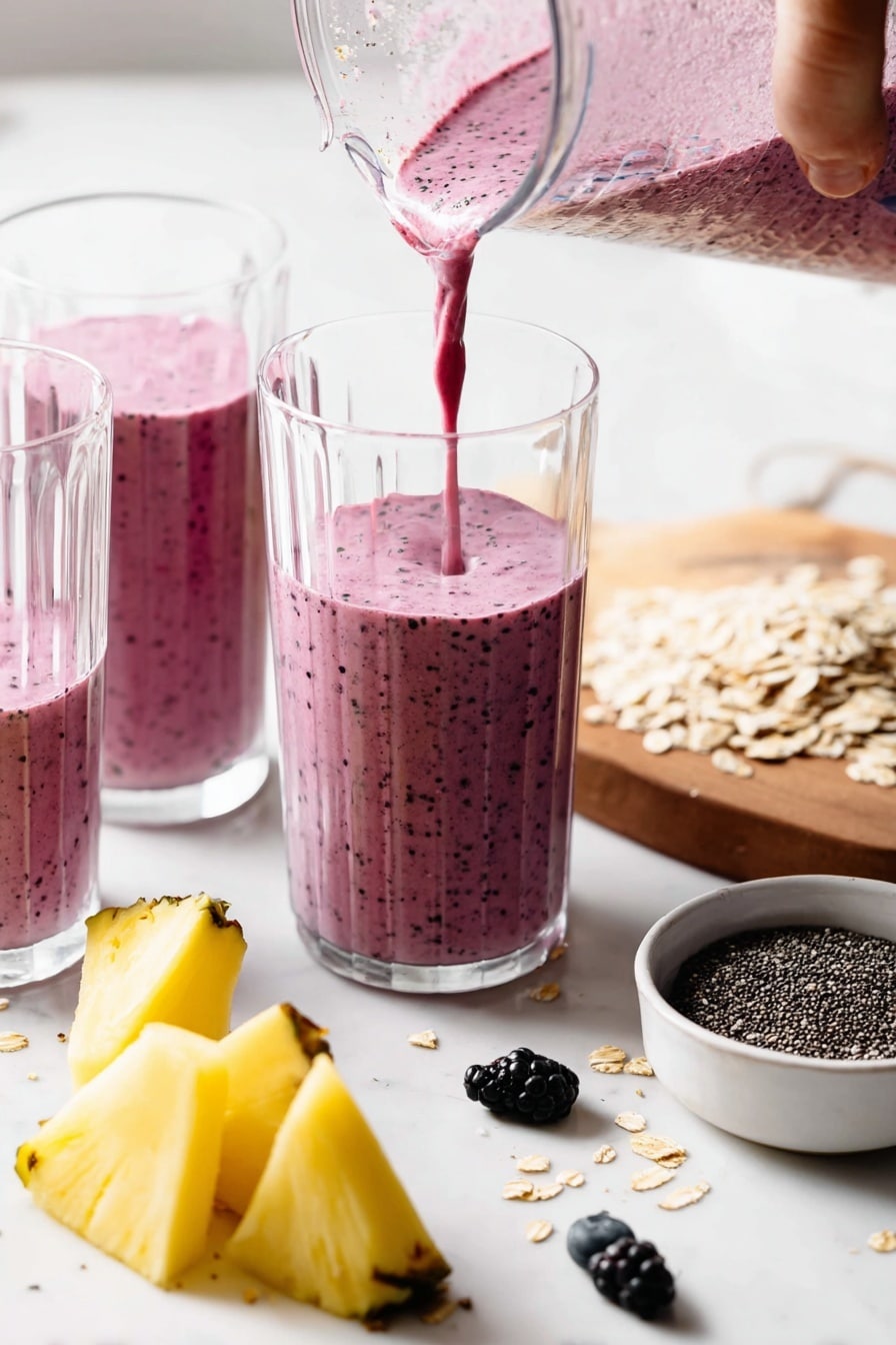 The image shows three tall clear glasses filled with a thick pink-purple smoothie that has small dark specks inside. One glass is being filled from a clear blender jug held by a woman's hand at the top right. Around the glasses, scattered on a white marble surface, are a few small dark berries, black chia seeds, two triangular slices of yellow pineapple with green edges, and a small white bowl filled with black chia seeds. In the top right corner, some oats lie on a white bowl placed on a small wooden board. The scene is bright and clean, focusing on the fresh ingredients and the smoothie. photo taken with an iphone --ar 2:3 --v 7 - Blueberry Banana Smoothie, healthy smoothie recipes, quick breakfast smoothies, nutritious fruit smoothies, easy fruity smoothie