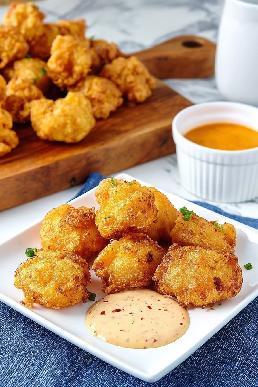The image shows a white square plate with about eight golden brown fried pieces arranged in the center, each piece having a rough, crispy texture and some small green herbs visible on the surface. On the right side of the plate, there is a small pool of creamy, light-colored dipping sauce with red and black specks, smooth in texture. The plate is placed on a blue cloth on top of a white marbled table. Behind the plate, there is a wooden board full of more of the same fried pieces, slightly out of focus. To the right, a small white cup filled with orange sauce is partially visible. Photo taken with an iphone --ar 2:3 --v 7 - Air Fryer Popcorn Chicken, healthy popcorn chicken, crispy chicken bites, air fryer chicken recipes, easy snack recipes