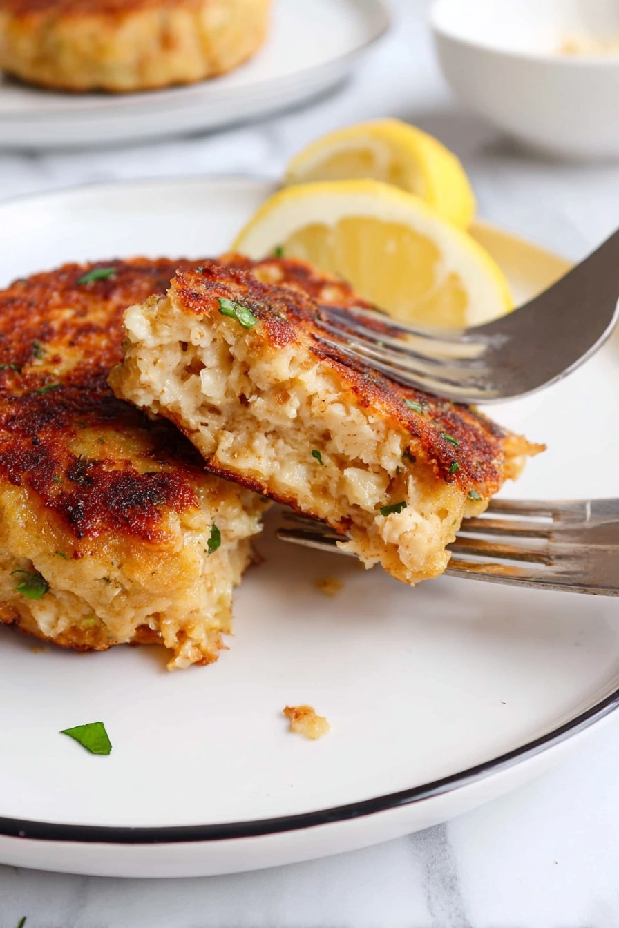 The image shows a stack of four thick, golden-brown patties with a slightly crispy outer layer and soft, crumbly texture inside, speckled with small green herbs. Each patty looks evenly cooked with a rich, toasted surface on the top and sides, and the edges are slightly darker and textured. The stack is on a white round plate placed on a white marbled surface, with bright yellow lemon wedges and small green herb pieces scattered around as garnish. A creamy dipping sauce in a white bowl is seen blurred in the background, giving a fresh and appetizing look. Photo taken with an iphone --ar 2:3 --v 7 - Air Fryer Crab Cakes, crispy crab cakes, healthy seafood recipes, quick crab cakes, easy crab cake recipe