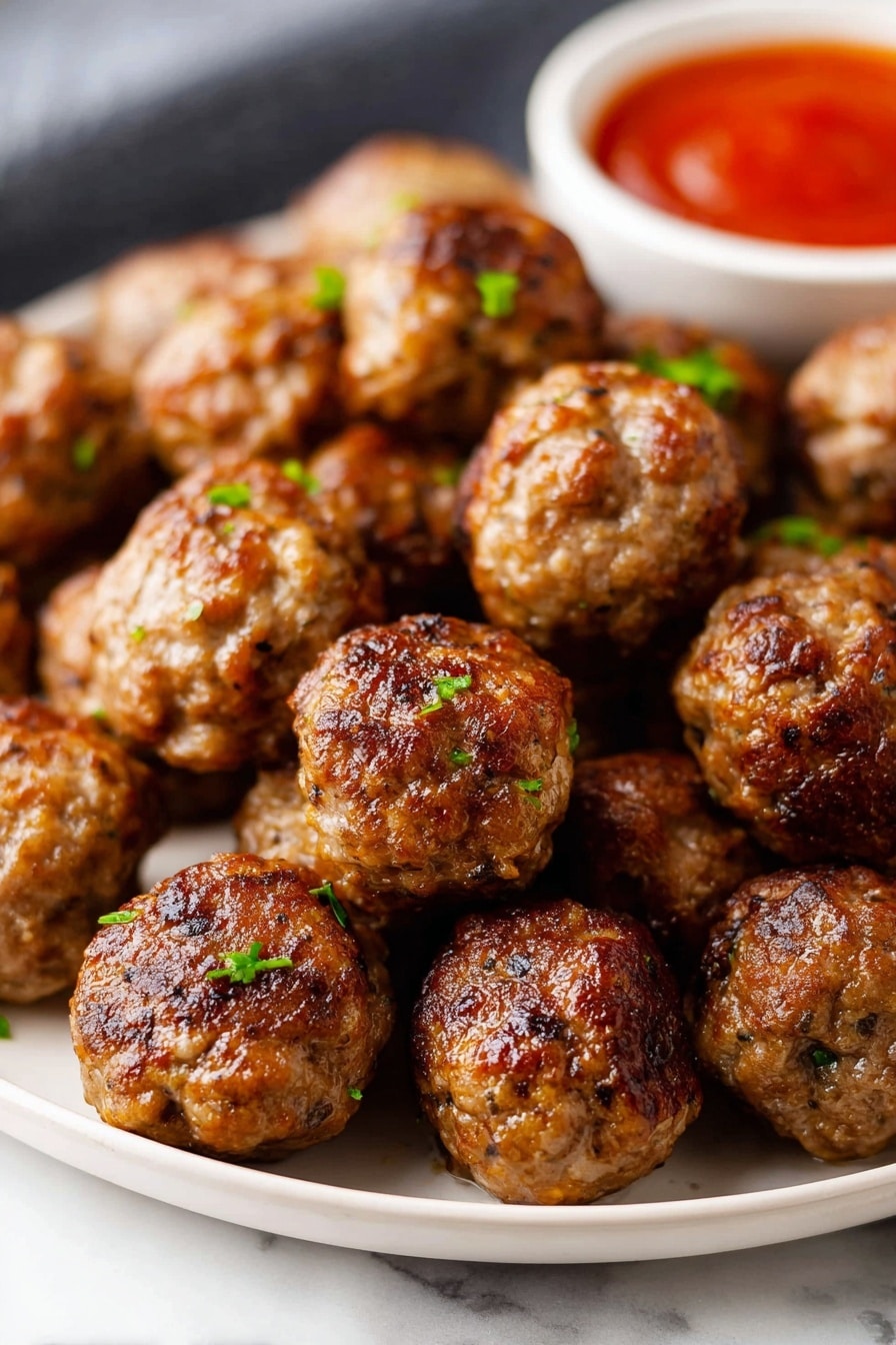 The image shows a close-up of a small, round meatball with a brown, slightly crispy surface held above a white bowl filled with smooth red sauce by a thin wooden skewer. The meatball has some green garnish on top and looks juicy and cooked. Behind it, there is a blurred white plate piled with more meatballs on a white marbled surface. The colors emphasize the contrast between the brown meatball, red sauce, and white dishes. photo taken with an iphone --ar 2:3 --v 7 - Air Fryer Meatballs, healthy meatball recipes, quick dinner ideas, crispy homemade meatballs, air fryer recipes for busy nights