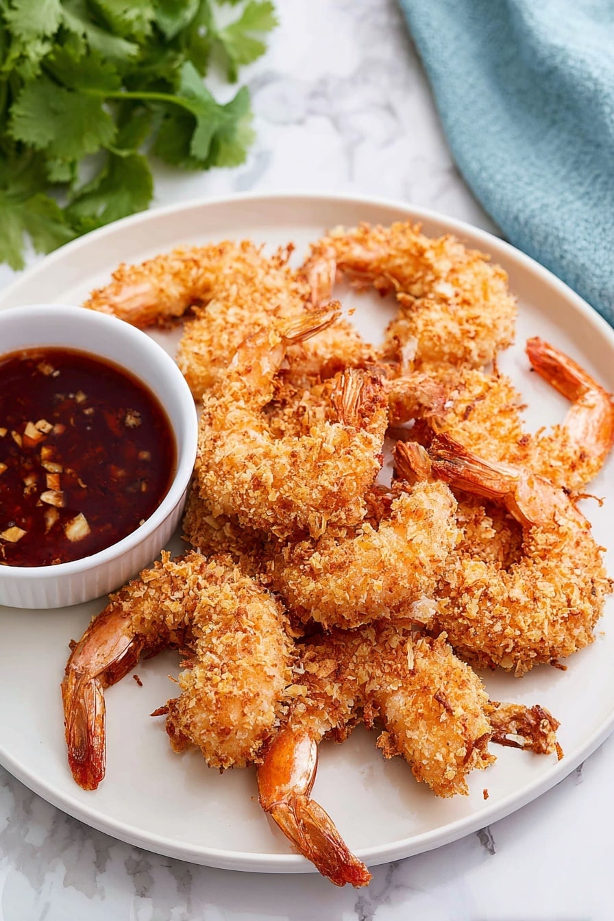 A white plate holds a pile of golden brown, breaded shrimp arranged in a slightly overlapping circle, each shrimp coated with a textured, crispy crumb layer and showing the tails sticking out with a light tan color. To the left side of the plate is a small white bowl filled with a dark red dipping sauce with a smooth surface and small bits visible inside. The plate sits on a white marbled surface, with fresh green herbs blurred in the background on the top left and a pale blue cloth on the top right. Photo taken with an iphone --ar 2:3 --v 7 - Air Fryer Coconut Shrimp with Sweet Chili Sauce, coconut shrimp appetizer, healthy shrimp recipes, crispy coconut shrimp, homemade sweet chili sauce