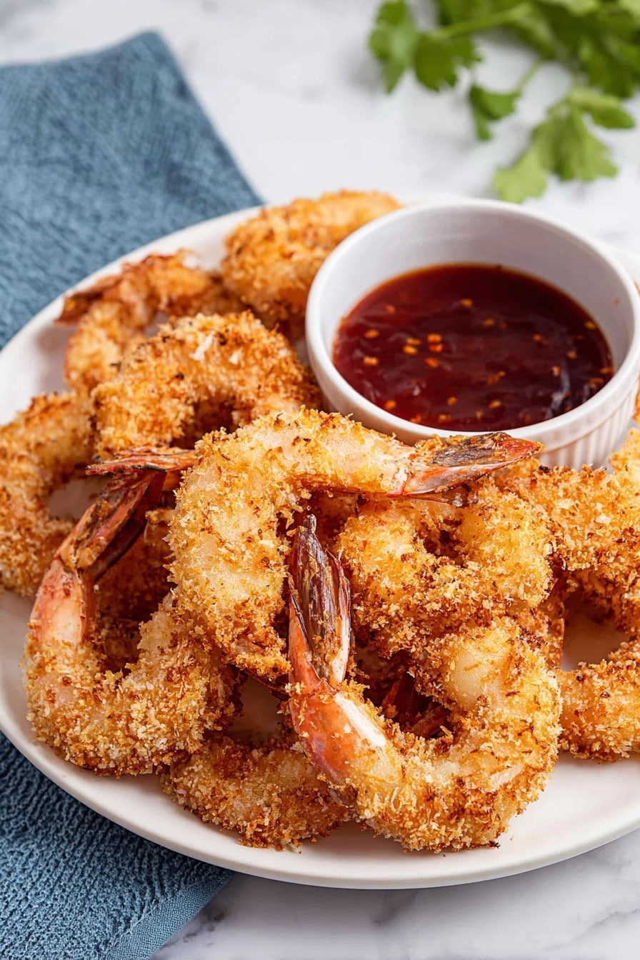 A white plate holds a pile of golden-brown breaded shrimp with tails showing, each shrimp curved into a crescent shape with a rough, crunchy texture from the coating. The shrimp are stacked close together, forming a thick layer in the center of the plate. To the side sits a white ramekin filled with deep red sweet chili dipping sauce that has a glossy surface and visible small bits of pepper or seeds. The plate sits on a white marbled surface with a blurred green herb and a soft blue cloth with darker blue edges in the background, adding subtle color contrast. photo taken with an iphone --ar 2:3 --v 7 - Air Fryer Coconut Shrimp with Sweet Chili Sauce, coconut shrimp appetizer, healthy shrimp recipes, crispy coconut shrimp, homemade sweet chili sauce