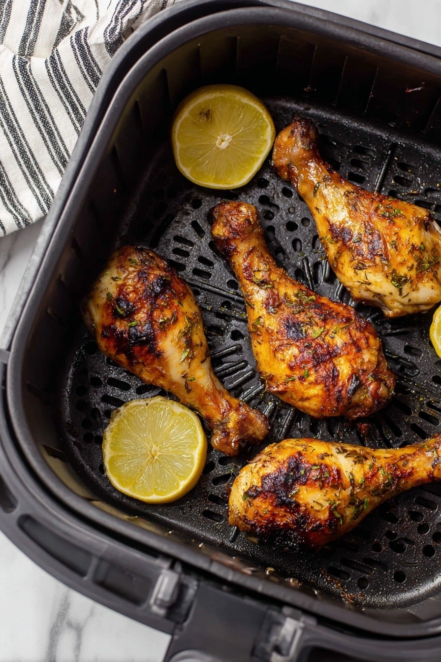 The image shows an air fryer basket with four grilled chicken drumsticks inside. The drumsticks are golden brown with charred spots and visible herbs all over their crispy skin. There are two lemon wedges placed in between the drumsticks, adding a fresh yellow contrast. The air fryer basket is black with a perforated base and some bits of grilled residue on it. A striped cloth is partly visible on the left side, and the entire scene is set on a white marbled surface. Photo taken with an iphone --ar 2:3 --v 7 - Air Fryer Lemon Garlic Chicken Drumsticks, Lemon Garlic Chicken, Crispy Air Fryer Chicken, Easy Chicken Dinner, Healthy Chicken Recipes