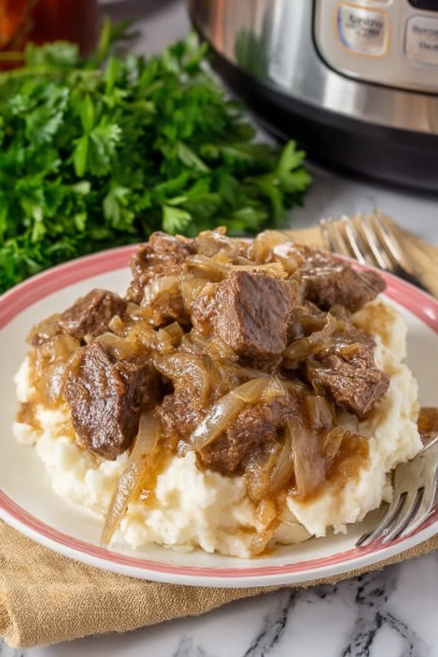 A white plate with a pink rim holds a generous serving of creamy mashed potatoes as the base layer, topped with several pieces of browned, tender beef chunks covered in a thick, golden-brown onion gravy with visible cooked onion slices layered over the beef. The plate is placed on a beige cloth with a bunch of fresh green parsley in the background and a metal electric cooker partially visible behind it. The scene is set on a white marbled surface, and there is a silver fork in front of the plate. photo taken with an iphone --ar 2:3 --v 7 - Instant Pot French Onion Pot Roast, French Onion Pot Roast, Instant Pot Beef Roast, Easy French Onion Pot Roast, Slow Cooker French Onion Roast