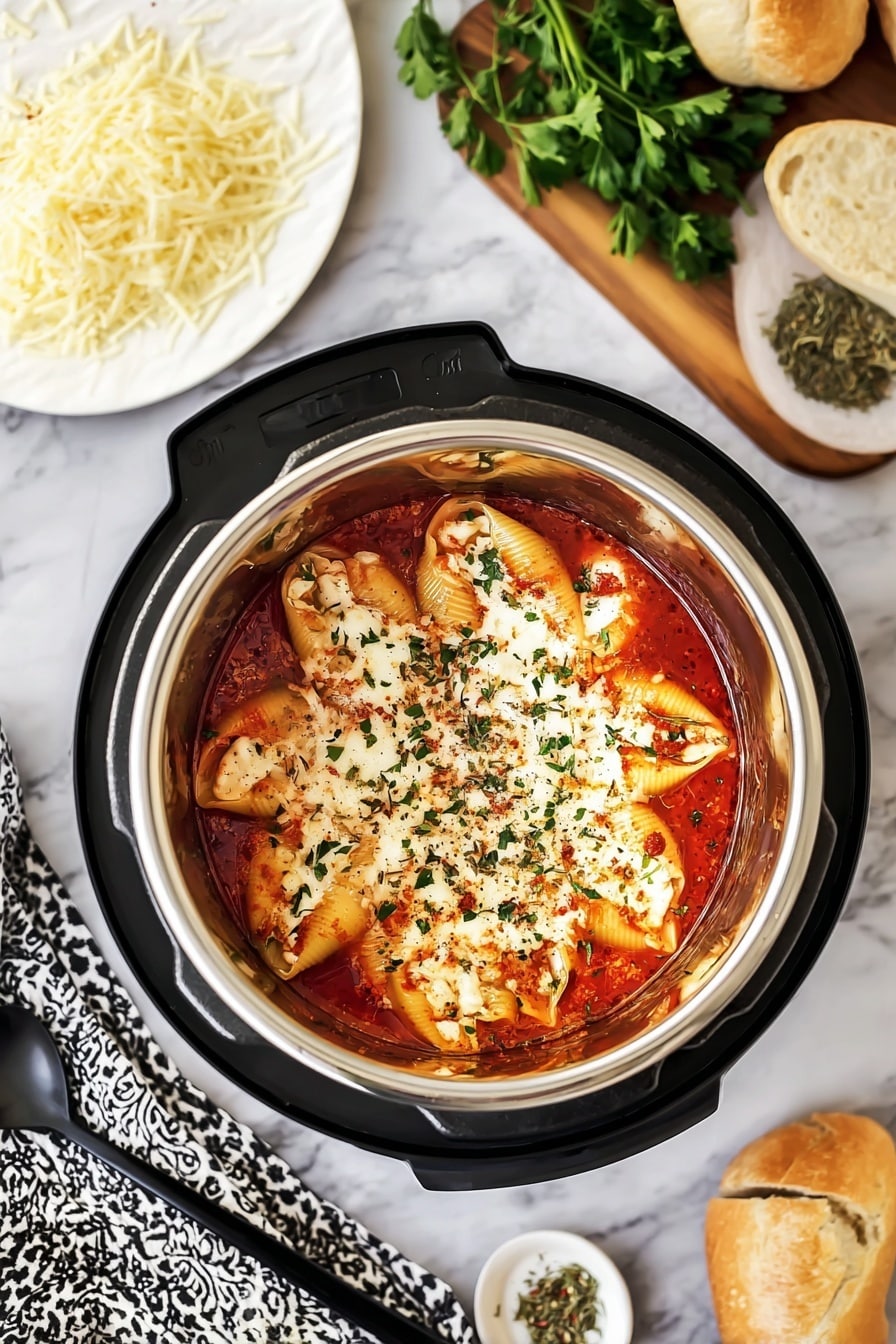 The image shows a black Instant Pot with a shiny silver inner pot filled with a layered dish. The bottom layer is red tomato sauce, topped with large pasta shells stuffed with a white filling, mostly covered by a layer of melted white cheese. The cheese is sprinkled with green herbs and some black pepper flakes. Around the Instant Pot, there is a white plate with light yellow grated cheese and a piece of light brown bread, a small white dish with dried herbs, a wooden board with fresh green parsley, and a black spoon on top of a black and white patterned cloth. The setting is on a white marbled surface. Photo taken with an iphone --ar 2:3 --v 7 - Instant Pot Stuffed Pasta Shells with Ricotta, Mozzarella, and Marinara, easy stuffed pasta shells, cheesy pasta bake in Instant Pot, quick Italian comfort food, family-friendly pasta recipes