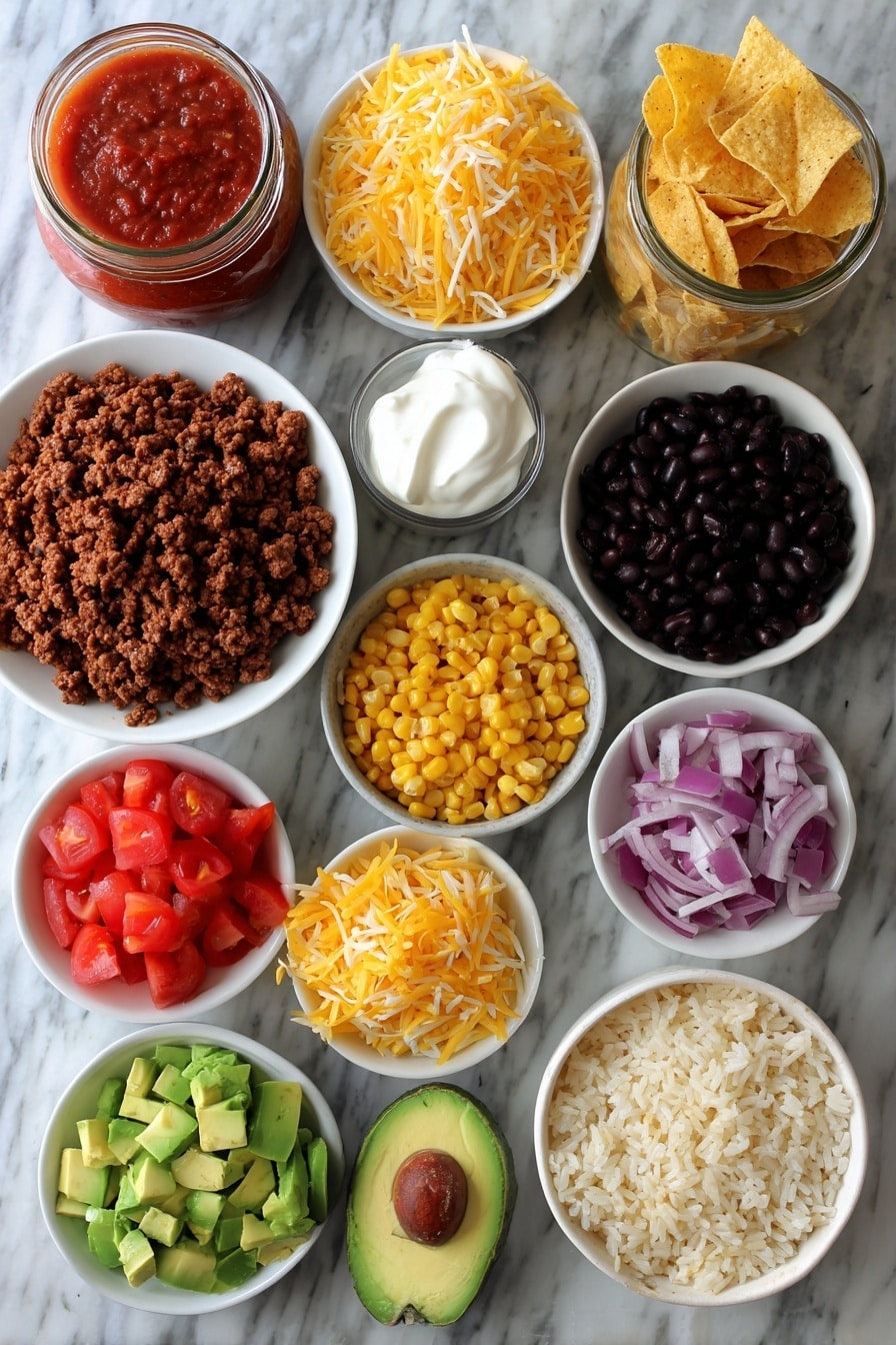 Flat lay of diced yellow onion, ground beef with taco seasoning, black beans, corn kernels, medium salsa in a jar, cooked brown rice, shredded cheese, sliced avocado, diced tomatoes, and crunchy tortilla chips, arranged beautifully with dollops of sour cream, all placed on a white marble surface, photo taken with an iphone --ar 2:3 --v 7 - Hearty Ground Beef Burrito Bowls with Rice and Toppings, ground beef burrito bowl recipe, easy burrito bowl dinner, healthy beef bowl recipes, customizable burrito bowl