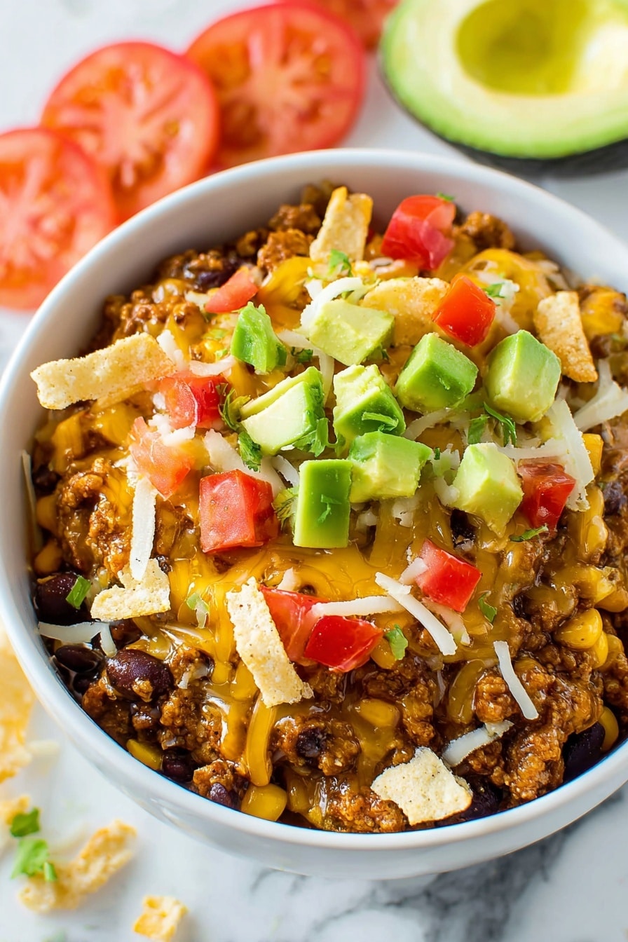A close-up view of a silver spoon holding a scoop of cooked rice mixed with black beans, yellow corn, small red tomato pieces, and ground meat, showing a textured, colorful mix of orange, yellow, black, and red bits. The spoon is held above an open black electric cooker with a shiny silver inner pot filled with the same rice mixture, all placed on a white marbled surface. The overall scene highlights the warm and hearty look of the mixed rice dish. photo taken with an iphone --ar 2:3 --v 7 - Hearty Ground Beef Burrito Bowls with Rice and Toppings, ground beef burrito bowl recipe, easy burrito bowl dinner, healthy beef bowl recipes, customizable burrito bowl